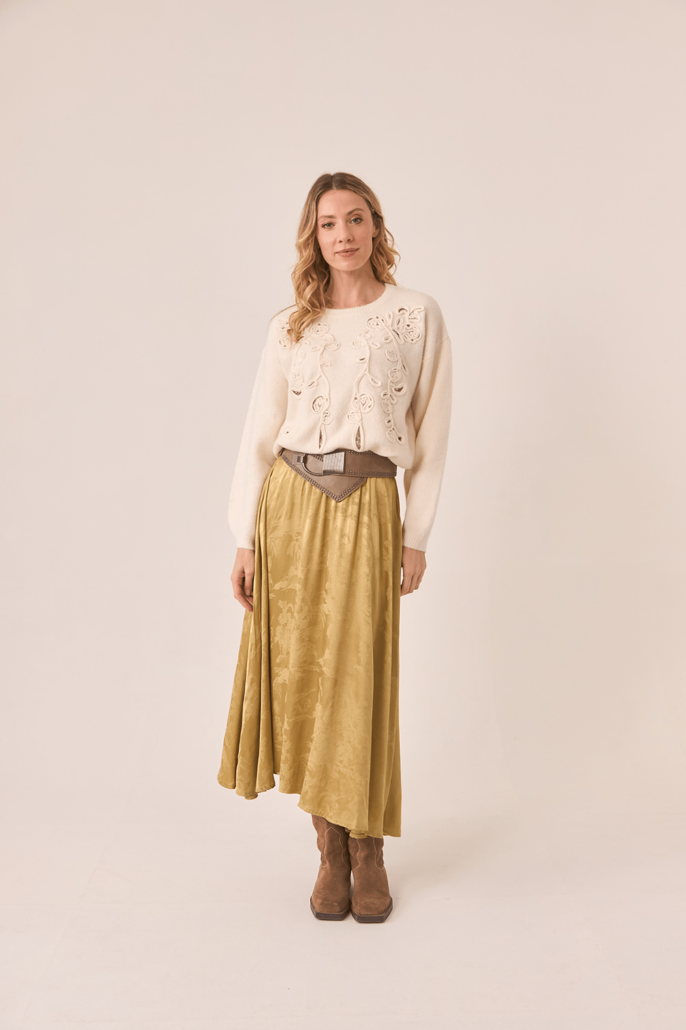 Dotique ivory NKN Nekane jumper with tone-on-tone floral embroidery and crew neckline