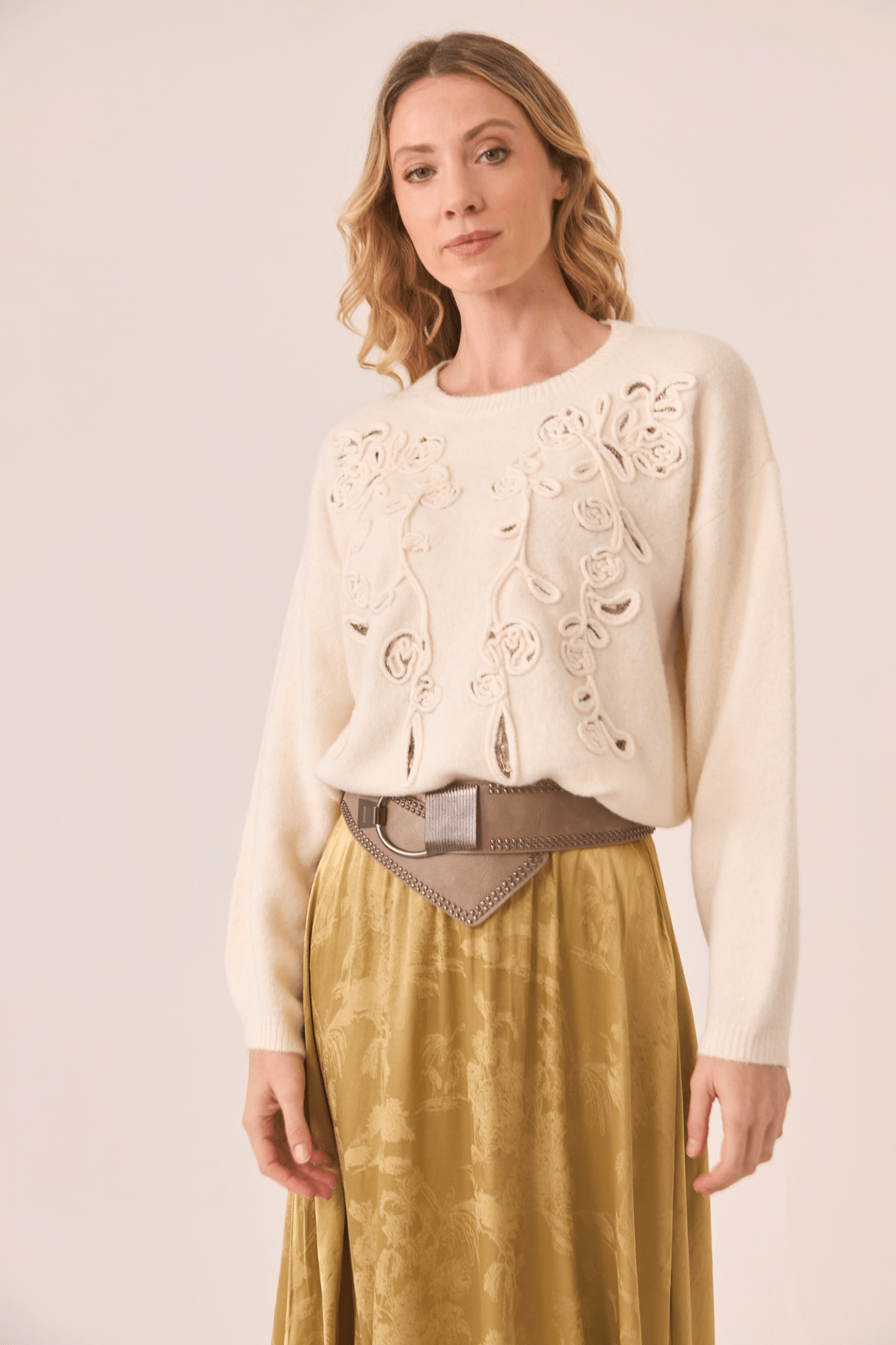 Dotique ivory NKN Nekane jumper with tone-on-tone floral embroidery and crew neckline

