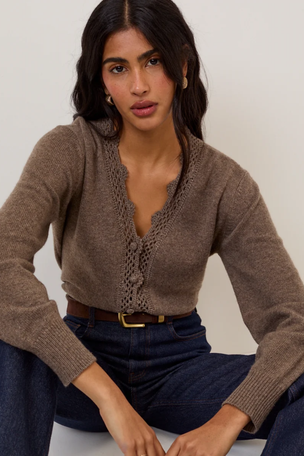 Nobody's Child Crochet Trim V Neck Cardigan Brown by Nobody's Child. Shop Nobody's Child at Dotique.