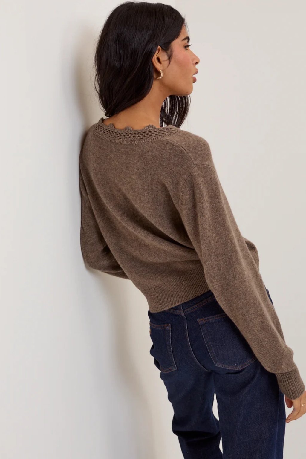 Nobody's Child Crochet Trim V Neck Cardigan Brown by Nobody's Child. Shop Nobody's Child at Dotique.