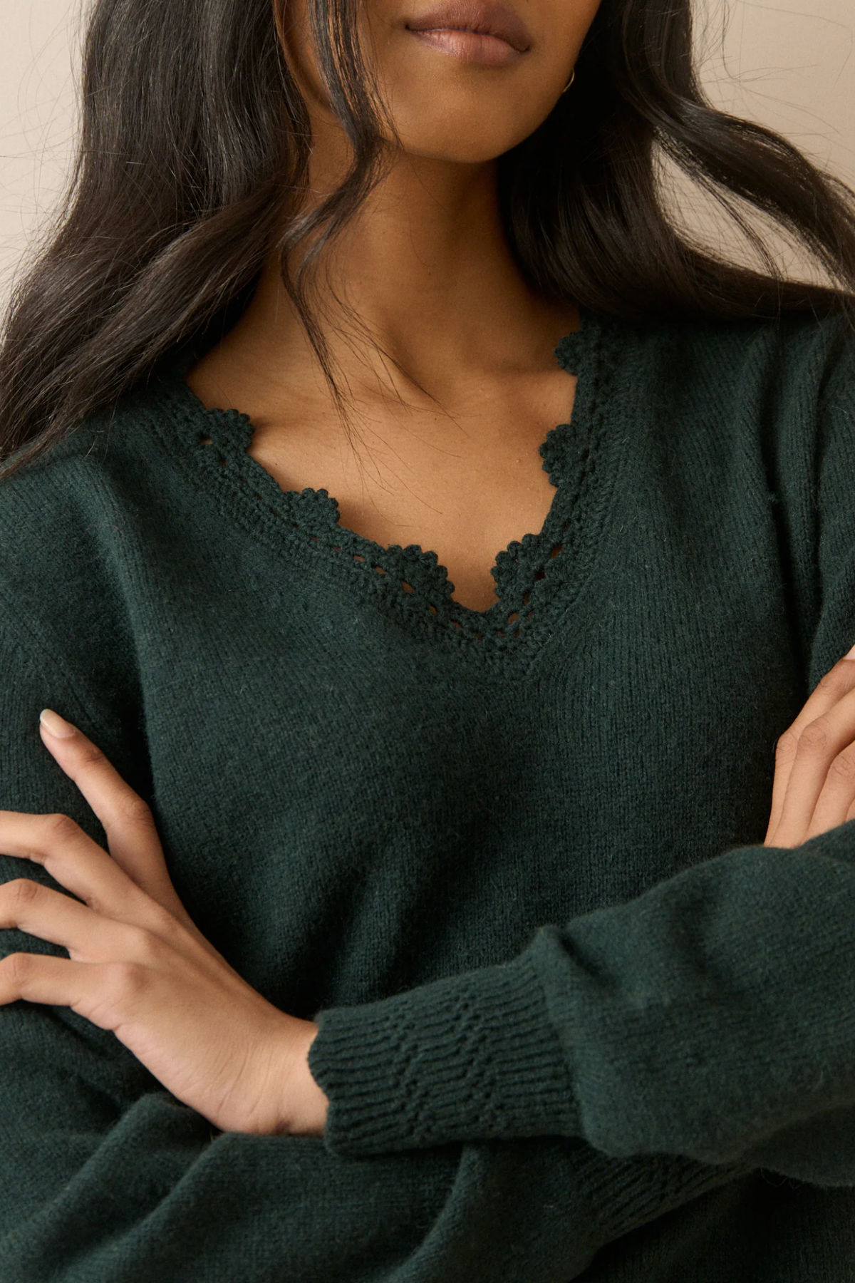 Nobody's Child 2516242003 Crochet Trim Low Back Jumper Green in dark green with lace trim. Shop Nobody's Child at Dotique