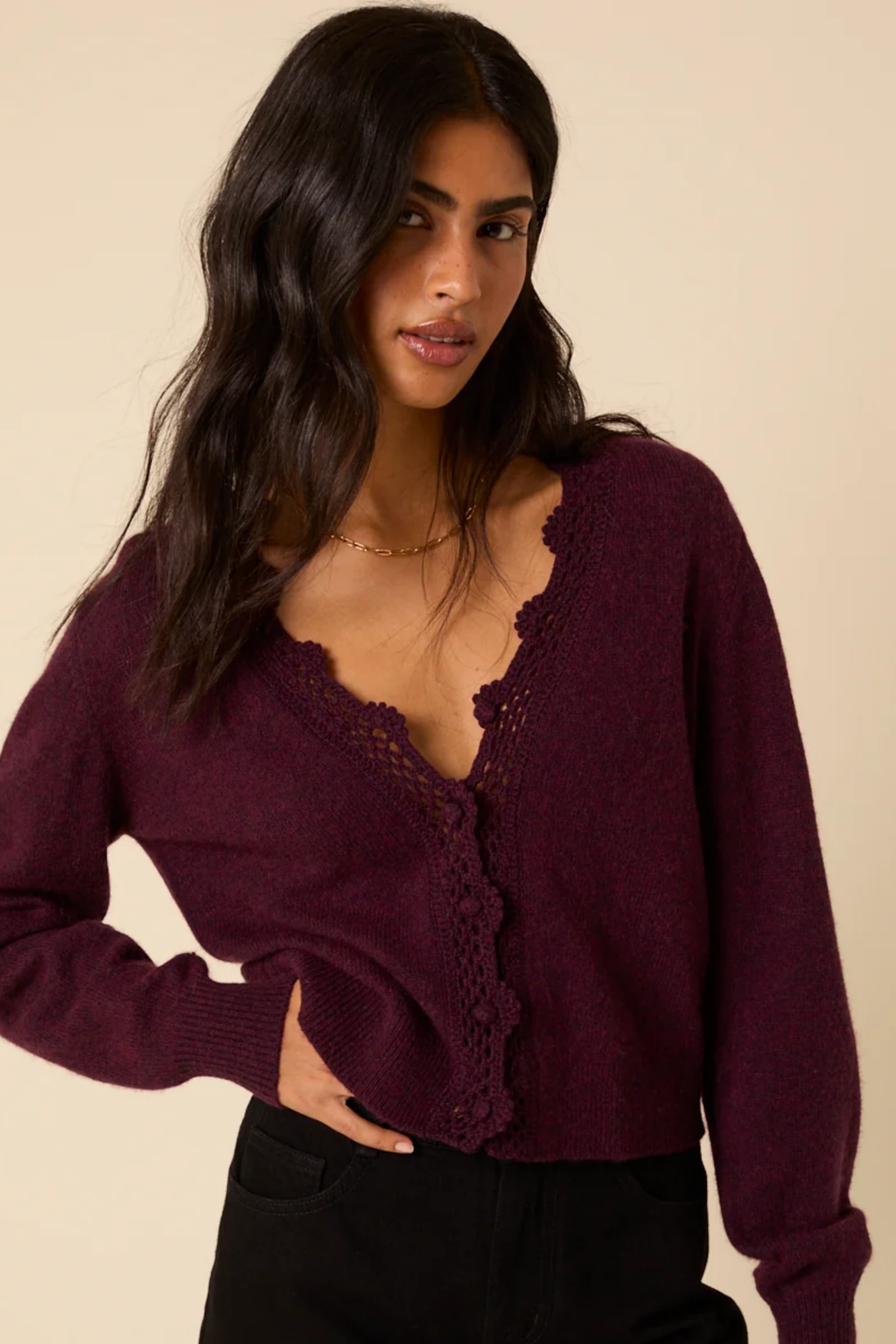 Shop the Nobody’s Child Elodie Crochet Trim Cardigan in Burgundy at Dotique. A soft wool-blend cardigan with floral crochet detailing and a relaxed fit.