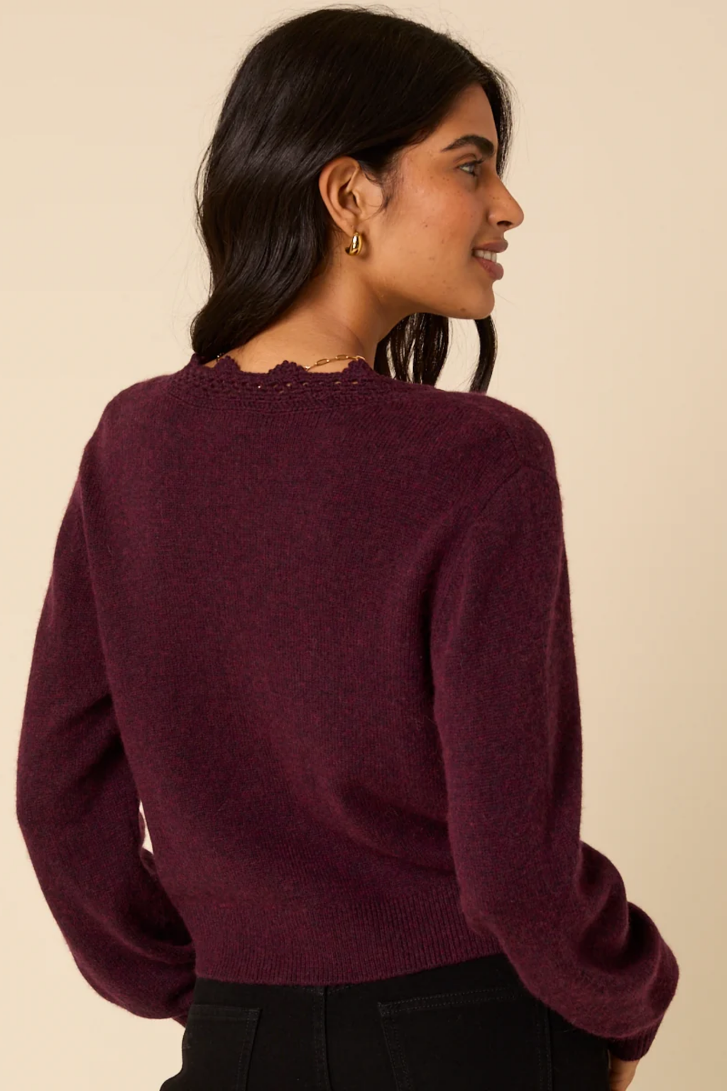 Shop the Nobody’s Child Elodie Crochet Trim Cardigan in Burgundy at Dotique. A soft wool-blend cardigan with floral crochet detailing and a relaxed fit.