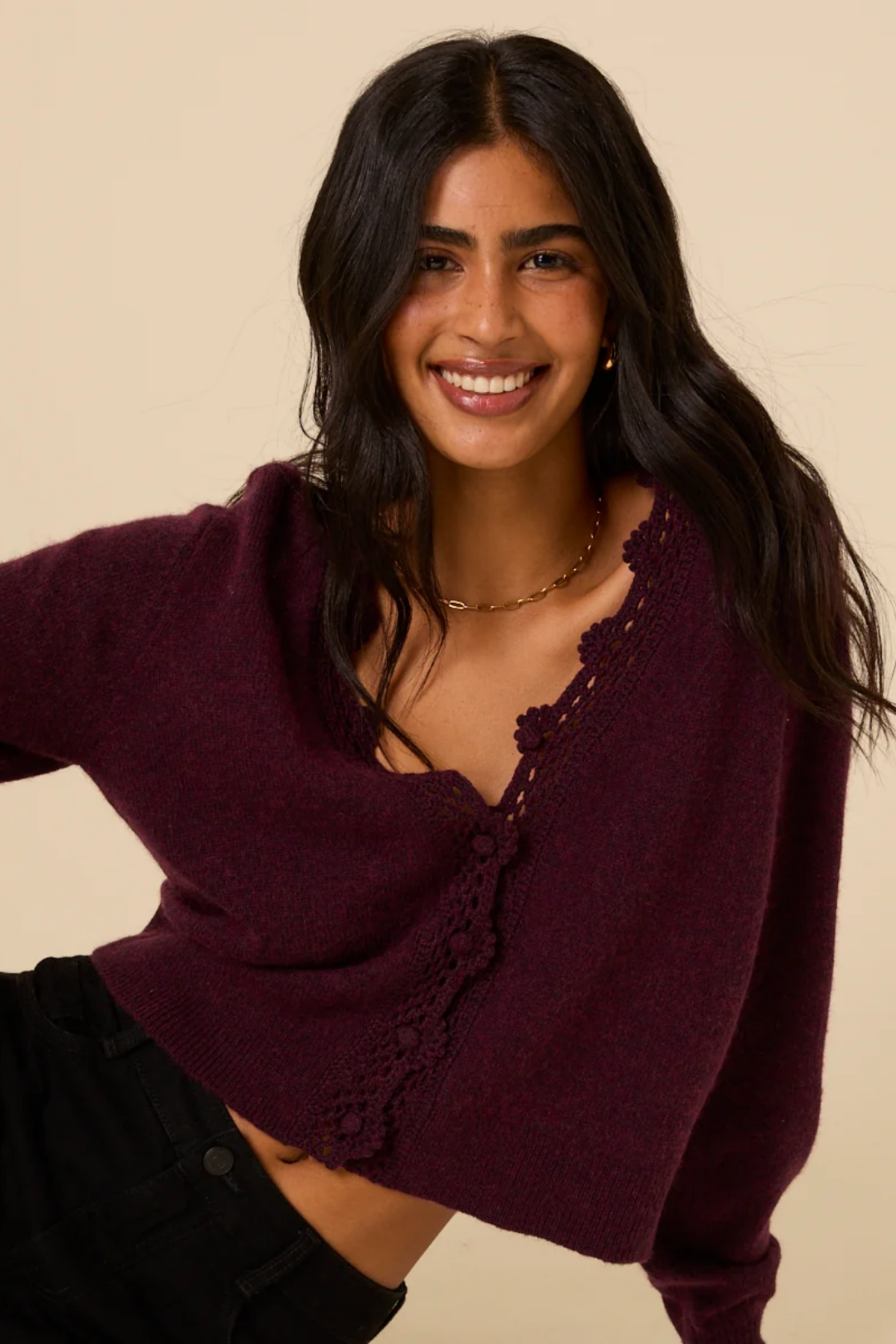 Shop the Nobody’s Child Elodie Crochet Trim Cardigan in Burgundy at Dotique. A soft wool-blend cardigan with floral crochet detailing and a relaxed fit.