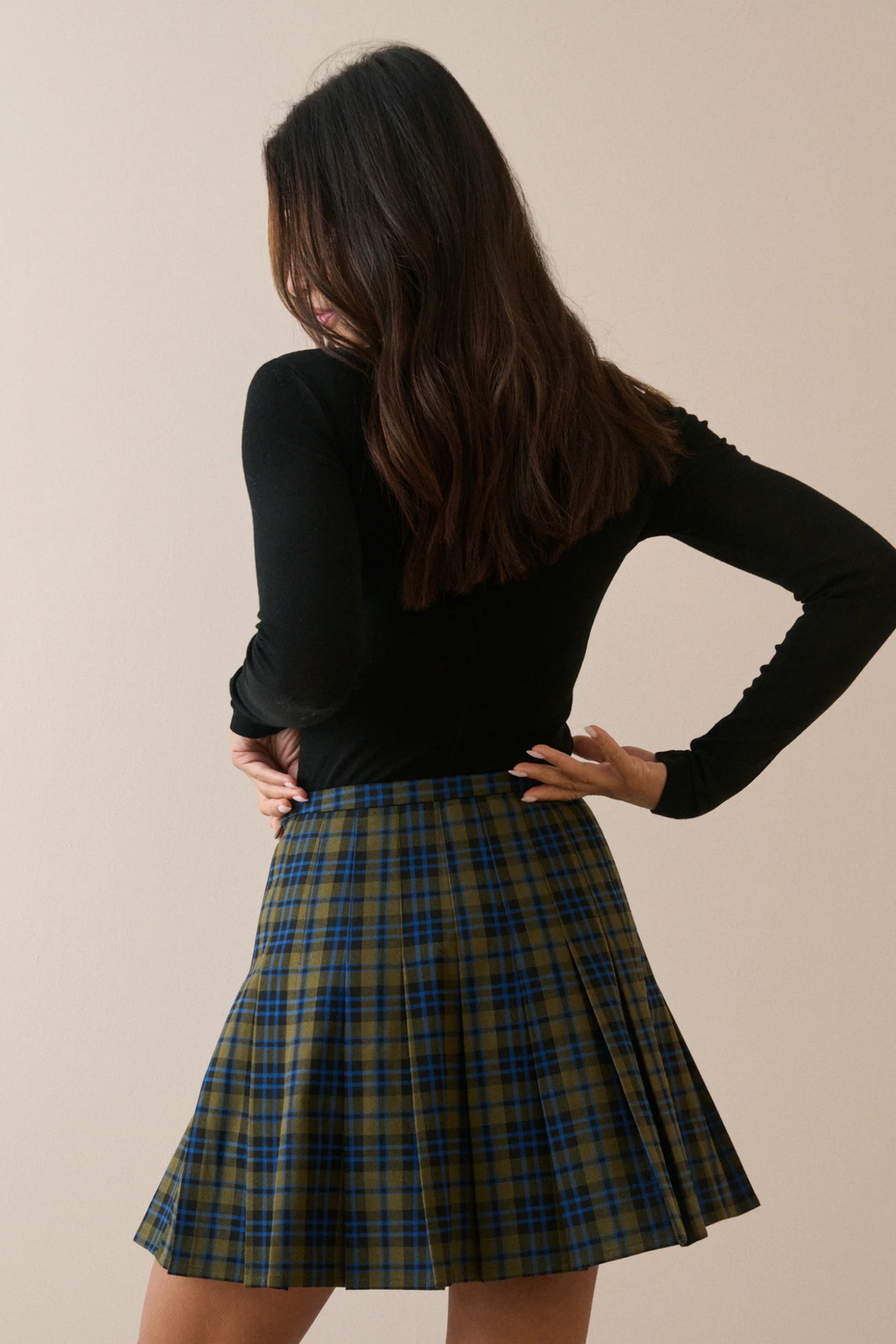 Nobody's Child Twiggy Green Tartan Pleated Mini Skirt back view by Nobody's Child Shop Nobody's Child at Dotique