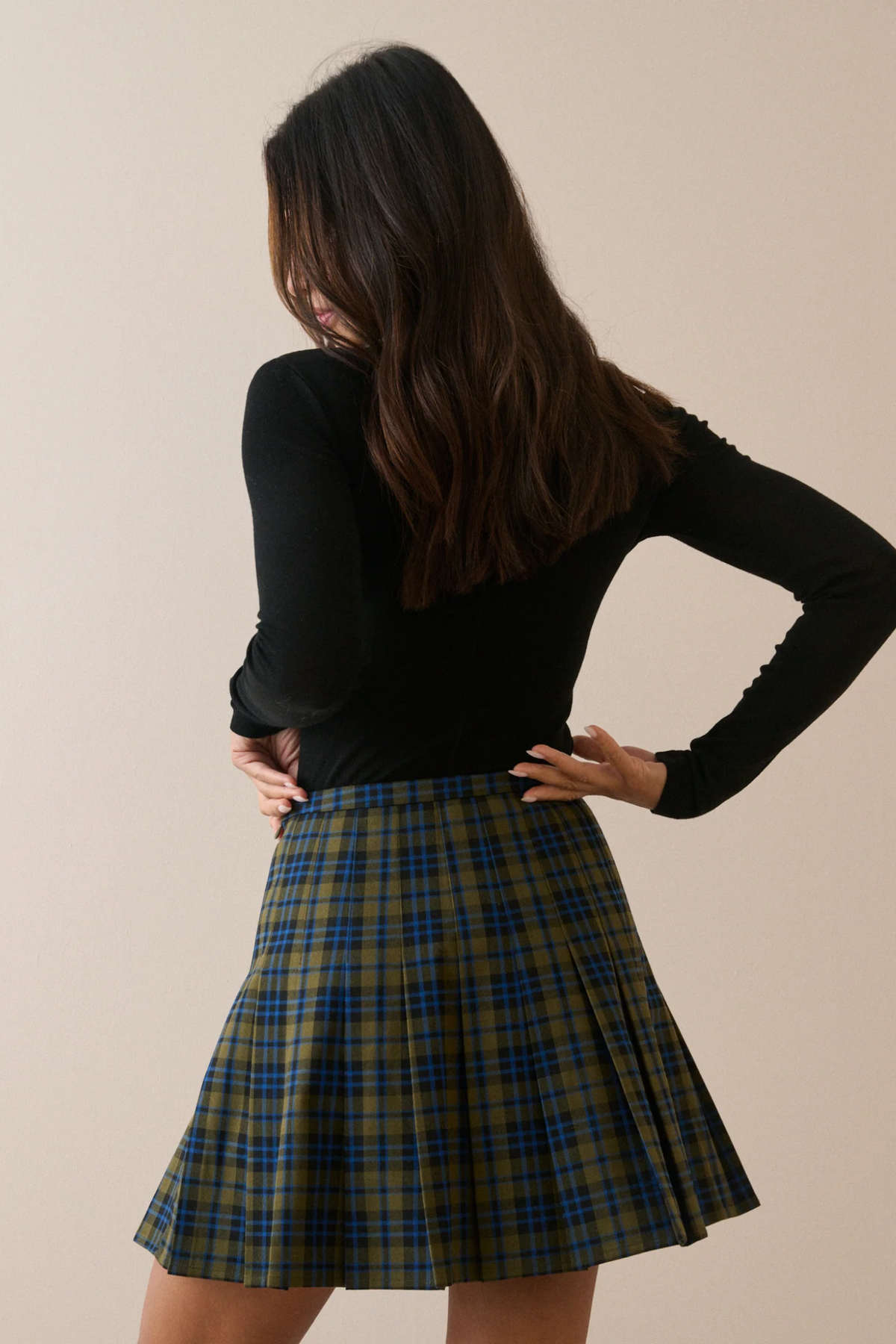 Nobody's Child Twiggy Green Tartan Pleated Mini Skirt back view by Nobody's Child Shop Nobody's Child at Dotique