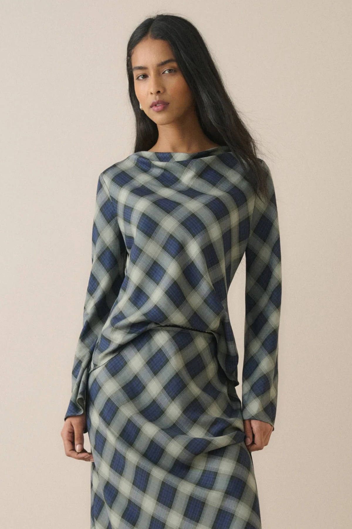 Nobody's Child Cruz Navy Check Cowl Neck Top by Nobody's Child on model. Shop Nobody's Child at Dotique.