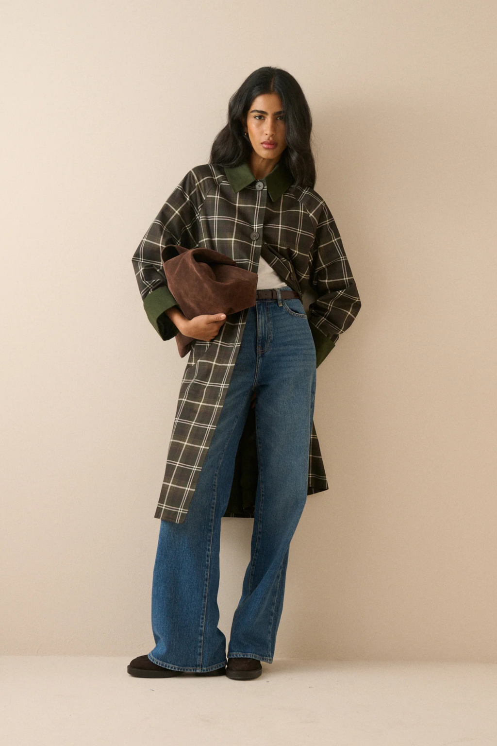 Nobody's Child Diola Brown and Green Tartan Collared Car Coat