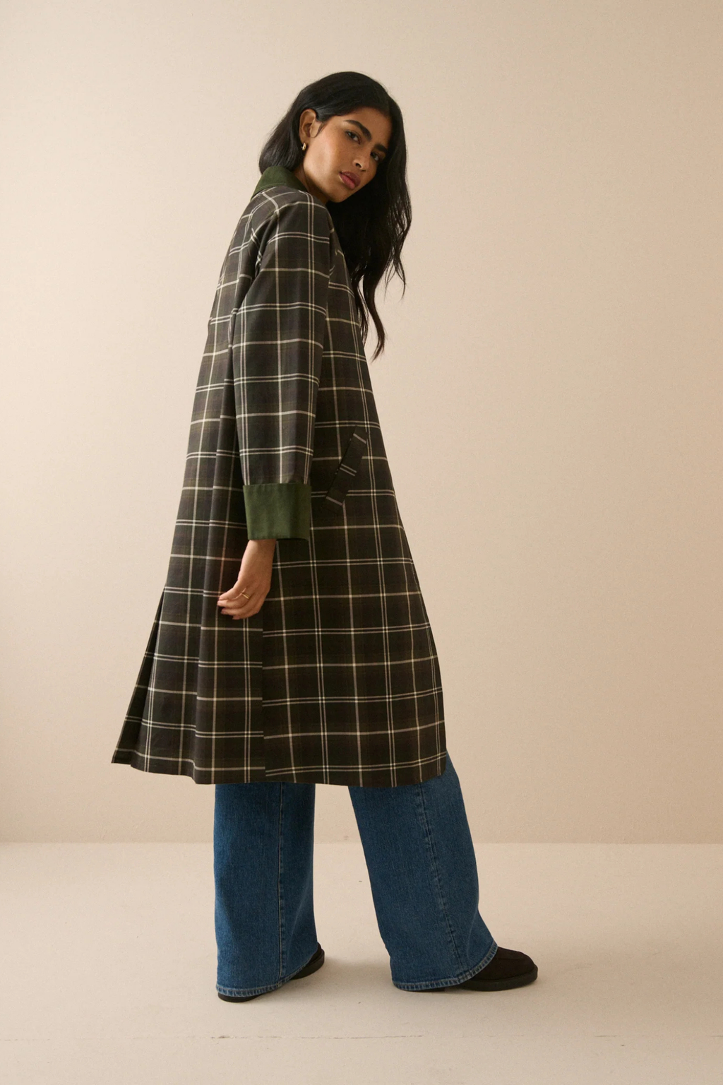 Nobody's Child Diola Brown and Green Tartan Collared Car Coat