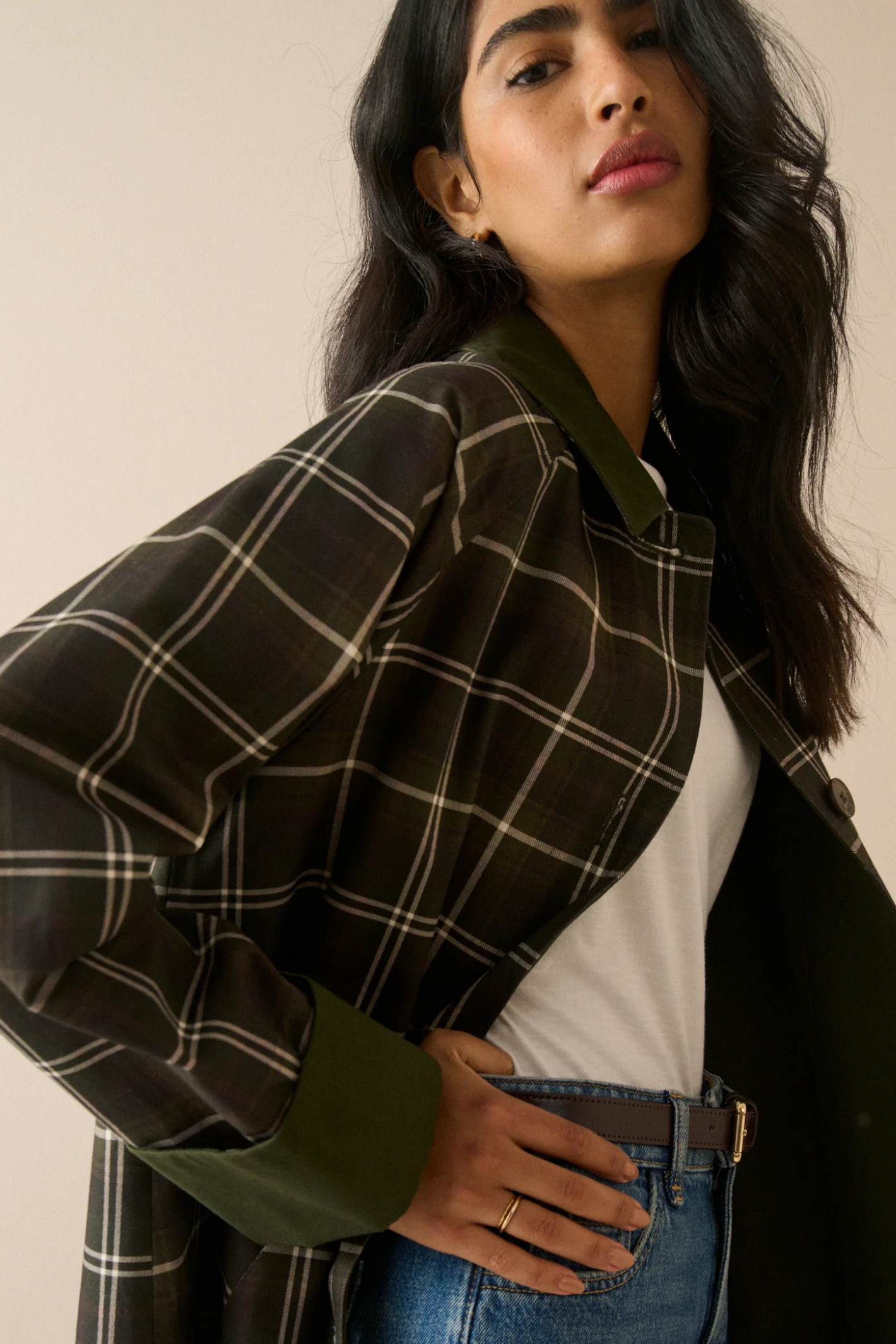 Nobody's Child Diola Brown and Green Tartan Collared Car Coat