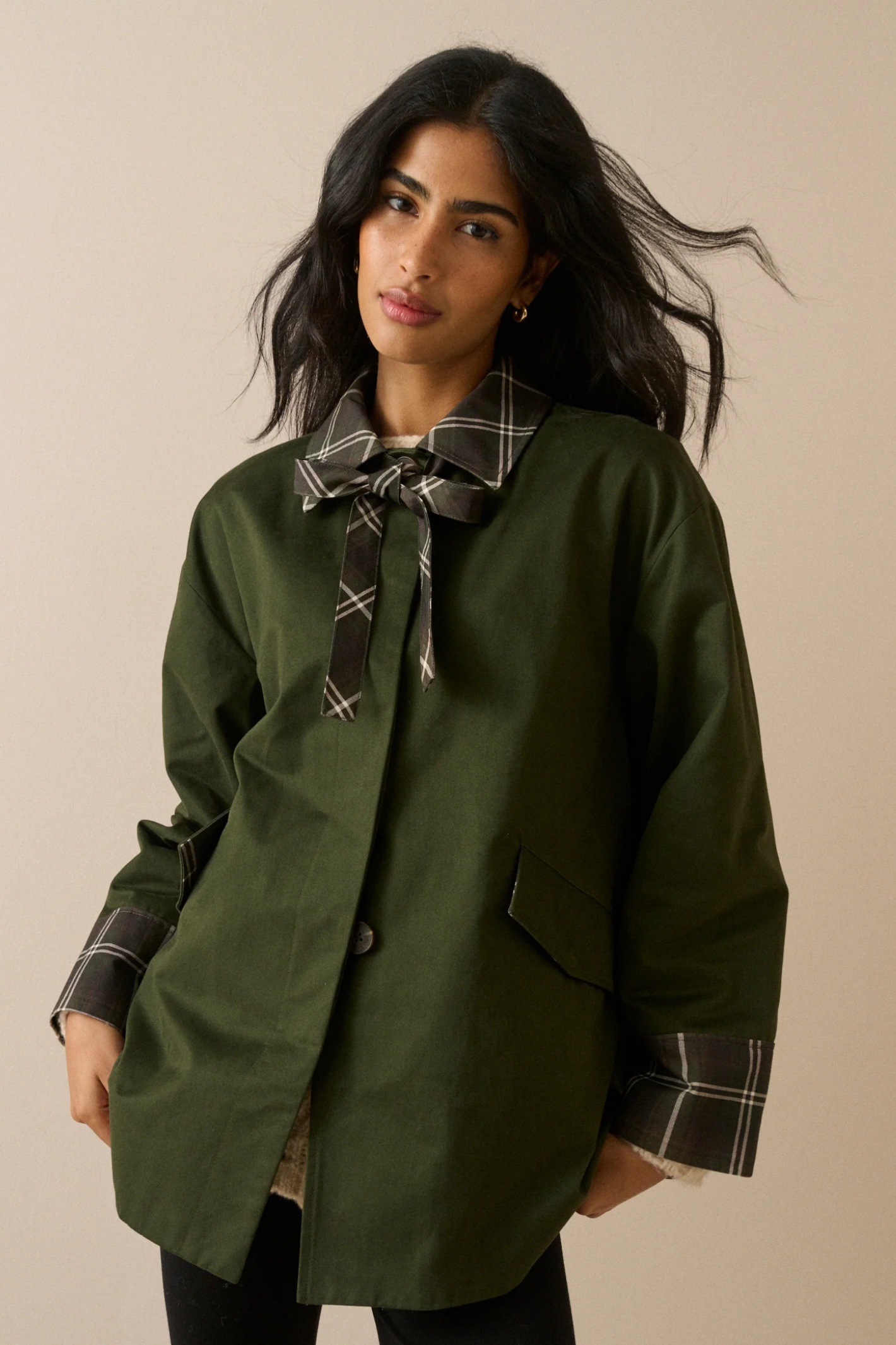 Nobody's Child Fion Khaki Tartan Trim Country Jacket