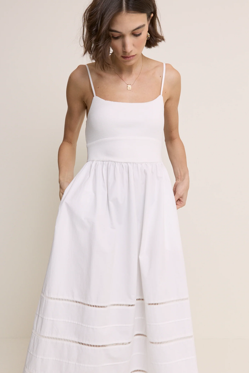 Model wearing Nobody’s Child White Strappy Tiered Goldie Midi Dress by Nobody’s Child, shop Nobody’s Child at Dotique.
