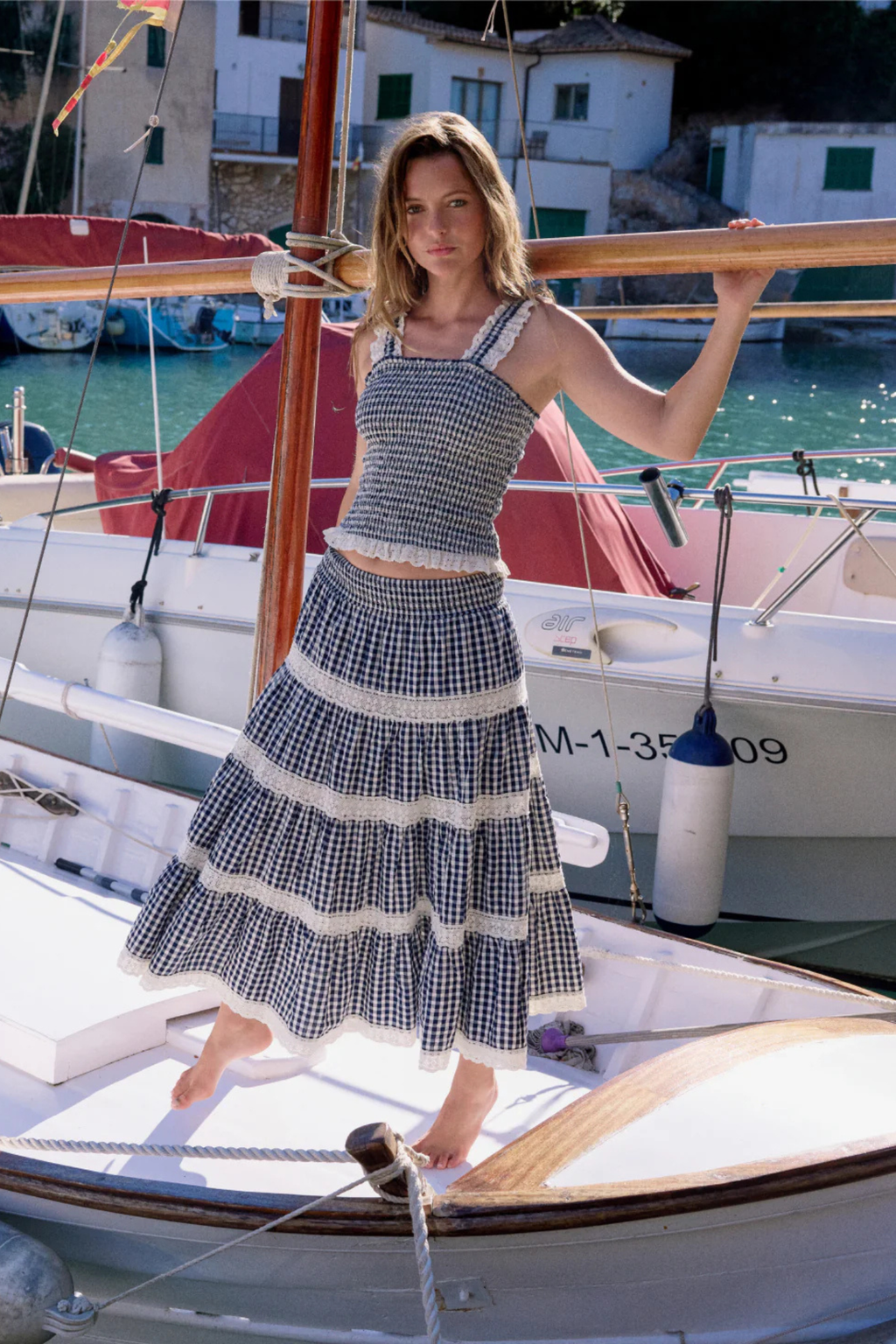Nobody’s Child Navy Gingham Shirred Tiered Leonor Maxi Skirt