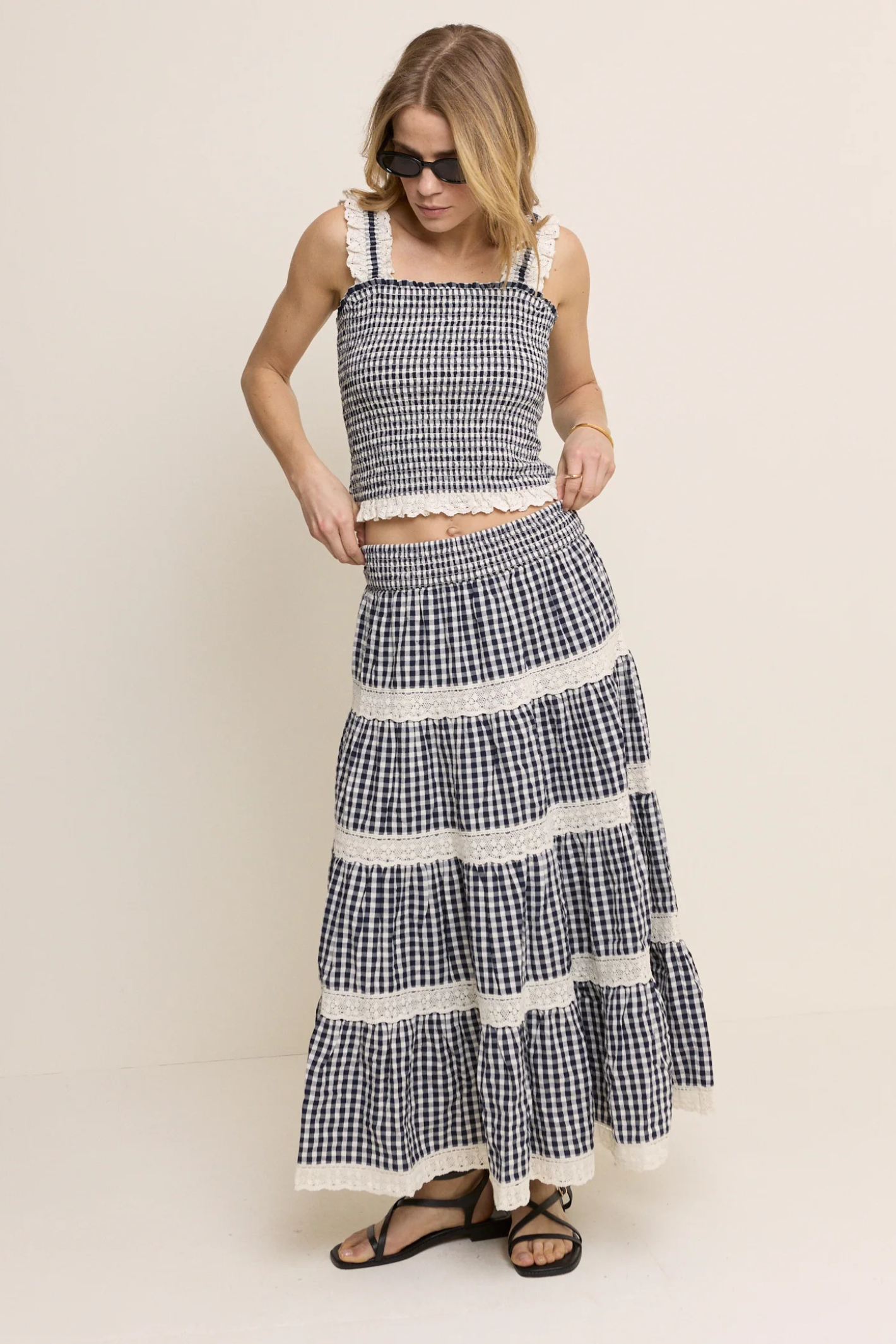 Nobody’s Child Navy Gingham Shirred Tiered Leonor Maxi Skirt