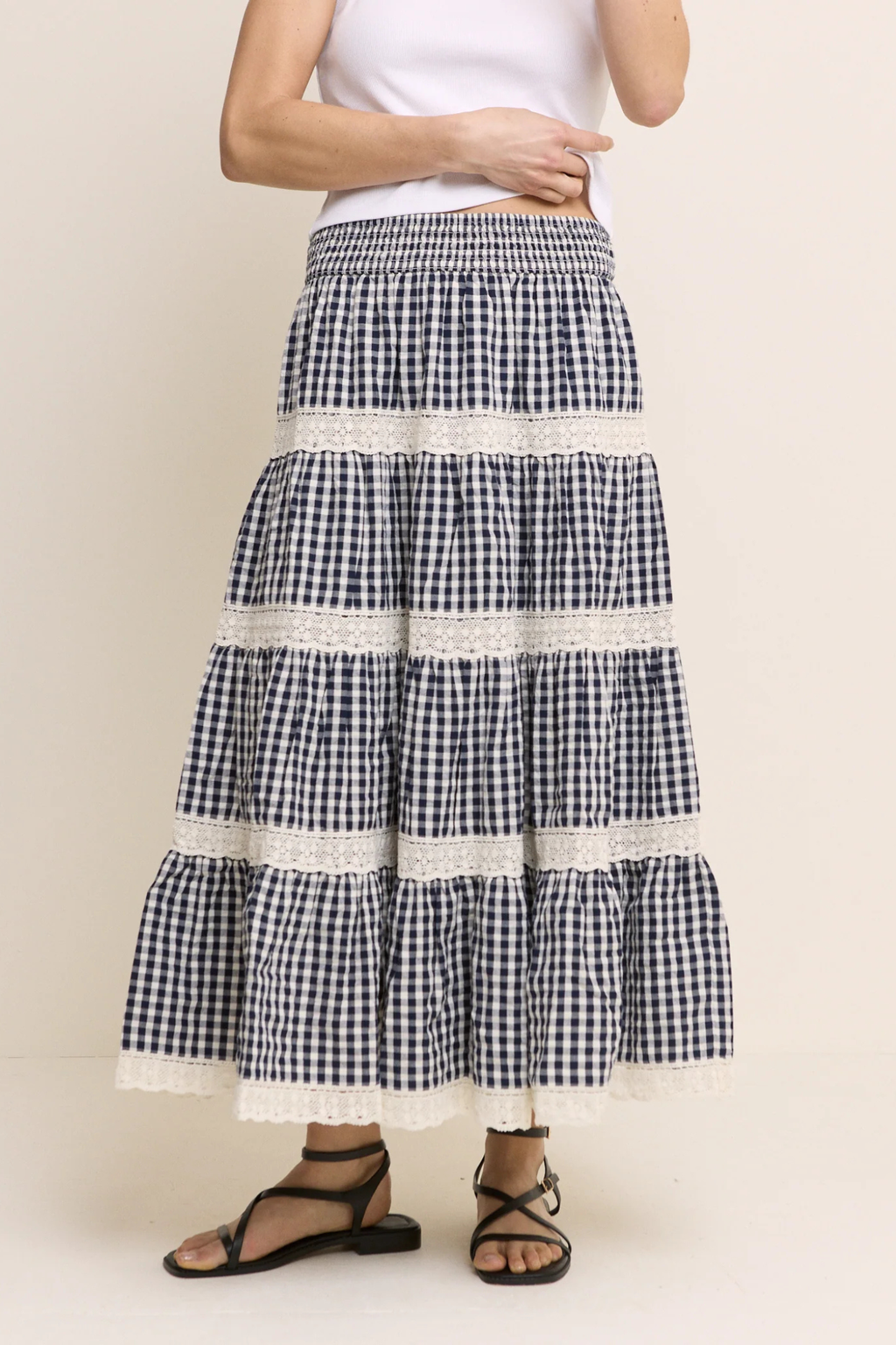 Nobody’s Child Navy Gingham Shirred Tiered Leonor Maxi Skirt