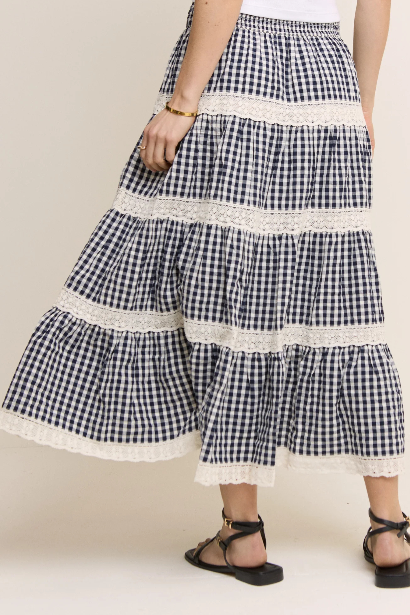 Nobody’s Child Navy Gingham Shirred Tiered Leonor Maxi Skirt