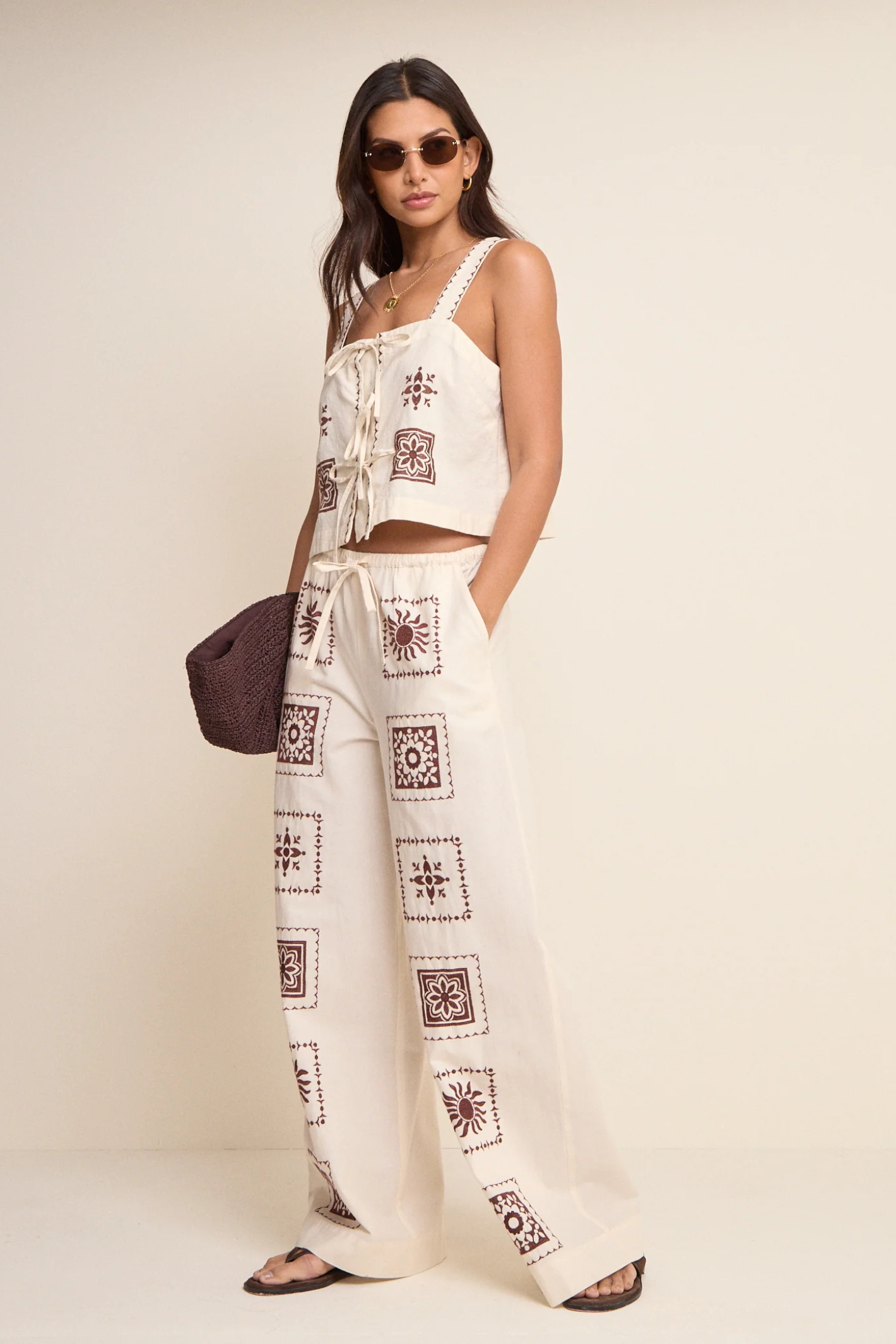 Nobody’s Child Ivory Tile Print Tie Front Topaz Top