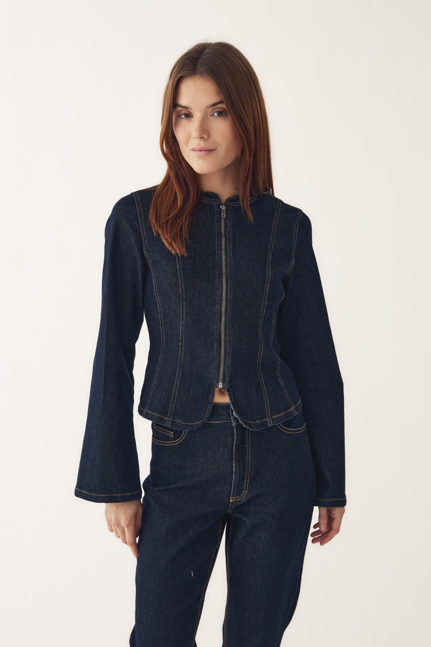 Model wearing Noella  15080001 N-Mazie Jacket Blue Unwashed by noella shop noella at Dotique