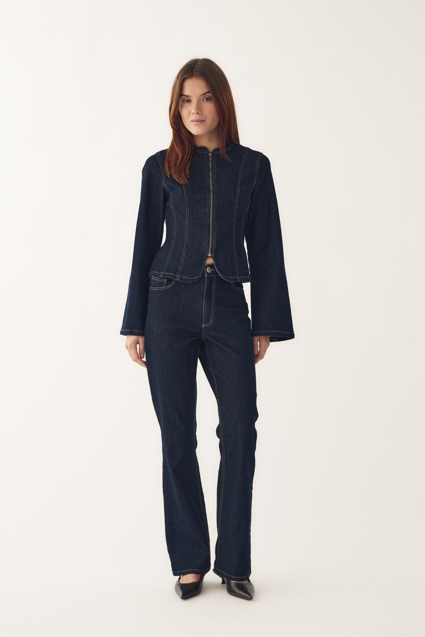 Model wearing Noella  15080001 N-Mazie Jacket Blue Unwashed by noella shop noella at Dotique