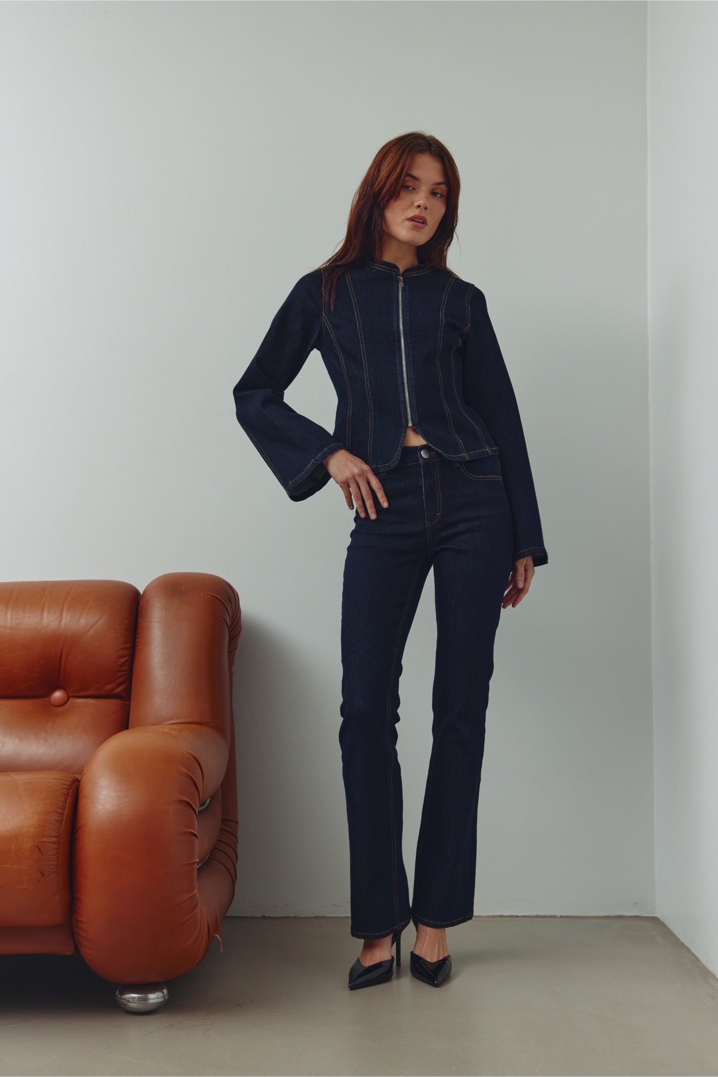 Model wearing Noella  15080001 N-Mazie Jacket Blue Unwashed by noella shop noella exclusively at Dotique