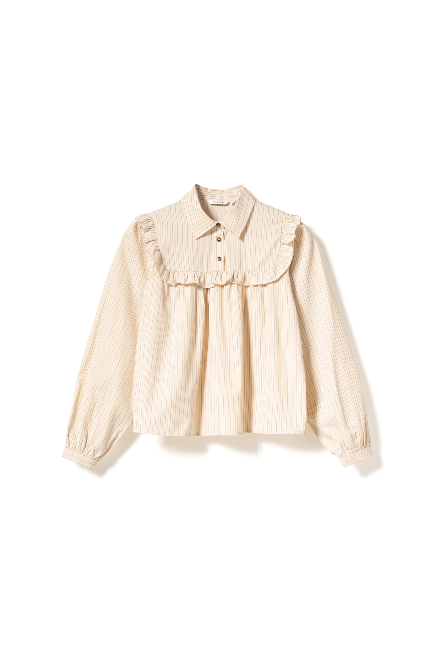 Noella 15360001 N-Mikayla Blouse Donnie Cream Stripe by noella with ruffle yoke and button front shop noella at Dotique
