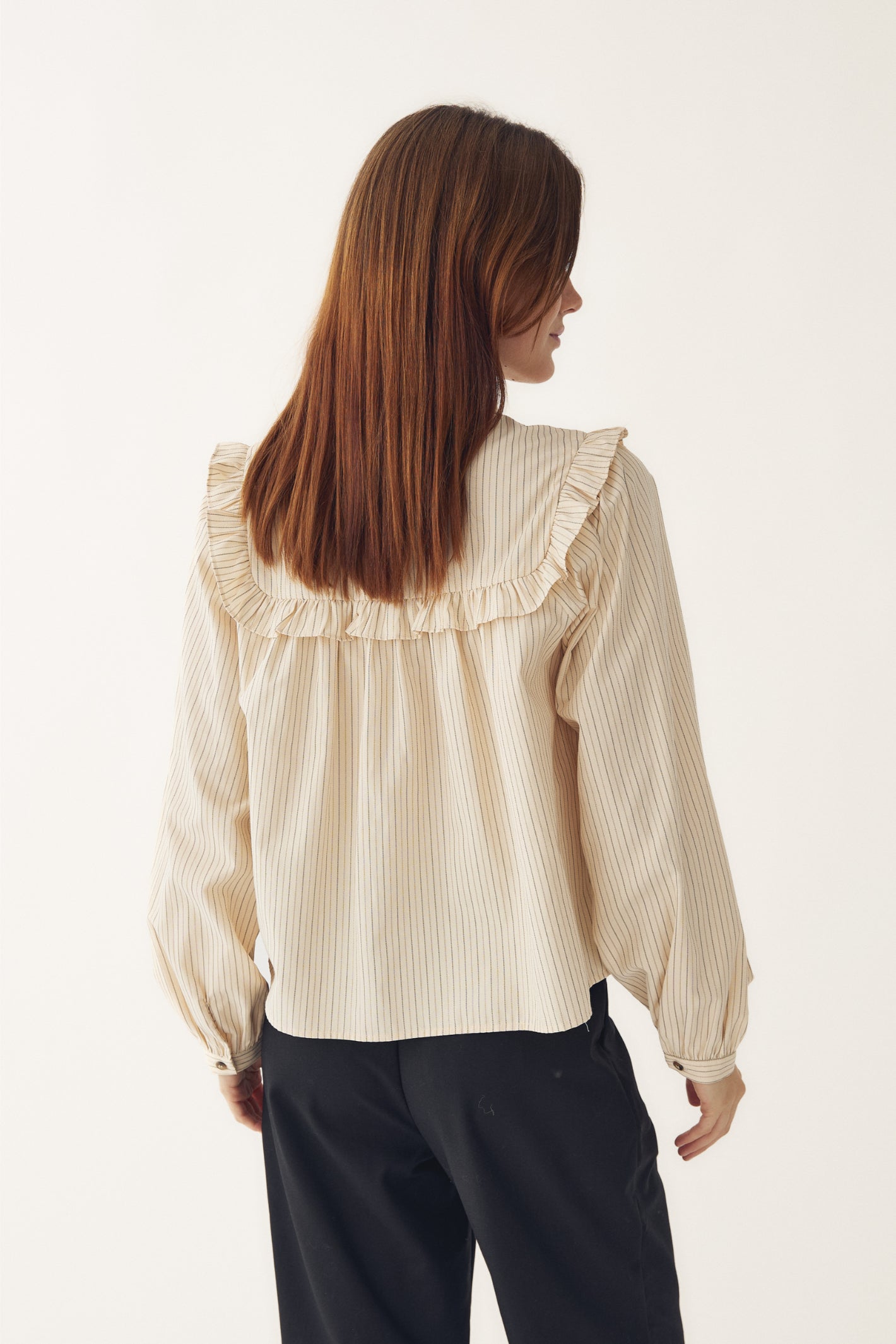 Back view of Noella 15360001 N-Mikayla Blouse Donnie Cream Stripe by noella with ruffle yoke detail shop noella at Dotique