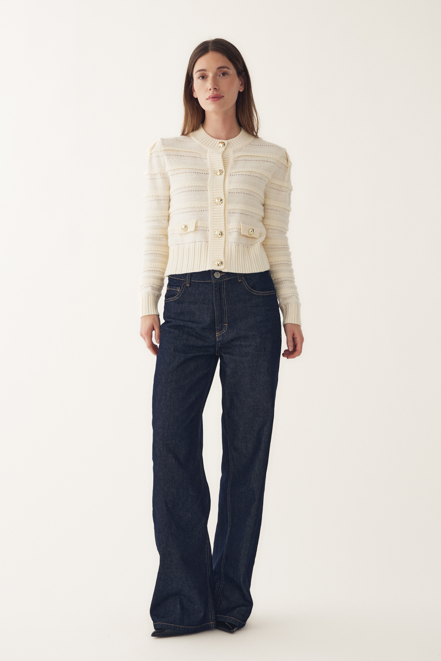 Dotique Noella 15040001 N-Maddison Knit Cardigan in ivory with textured knit and silver buttons