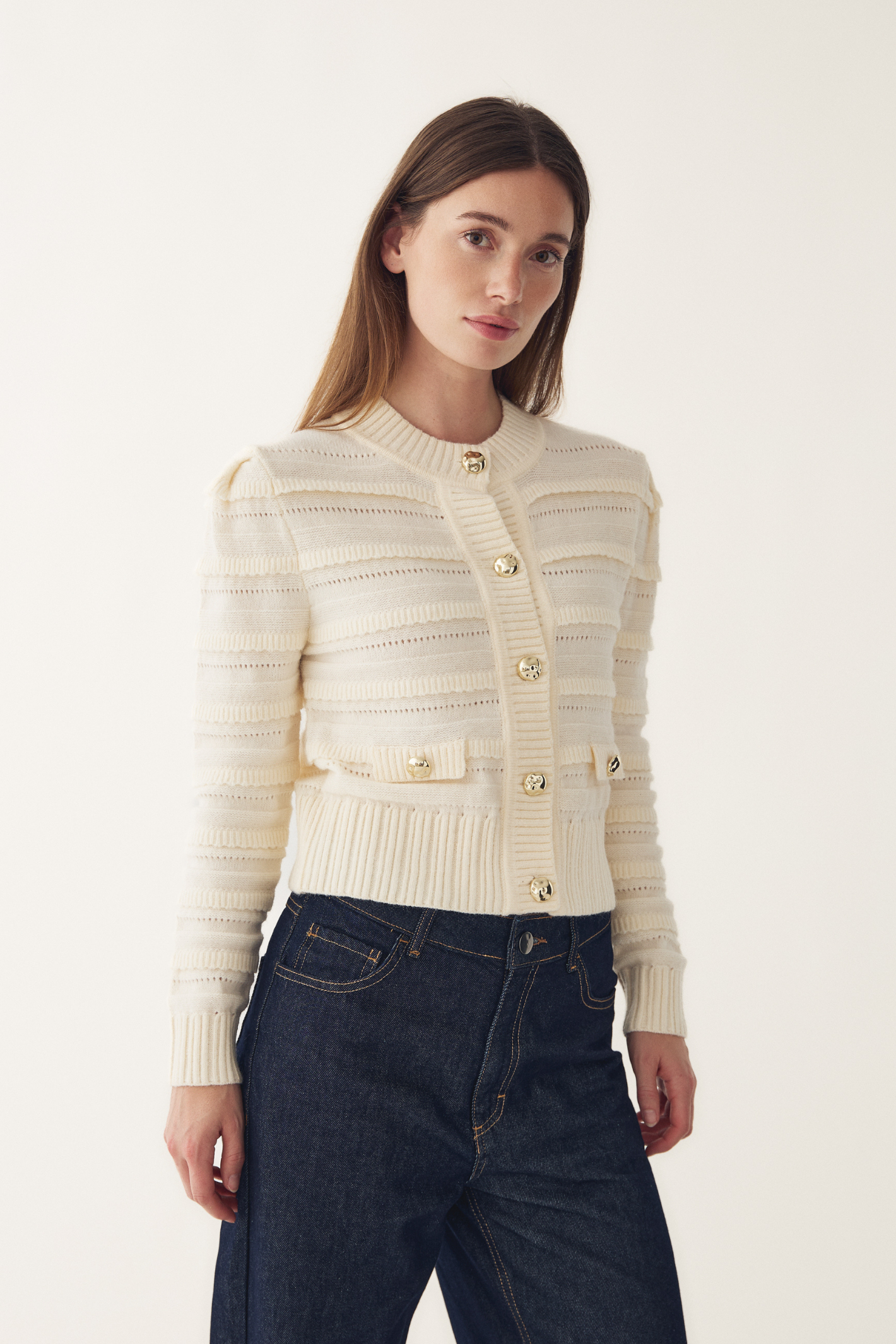 Dotique Noella 15040001 N-Maddison Knit Cardigan in ivory with textured knit and silver buttons