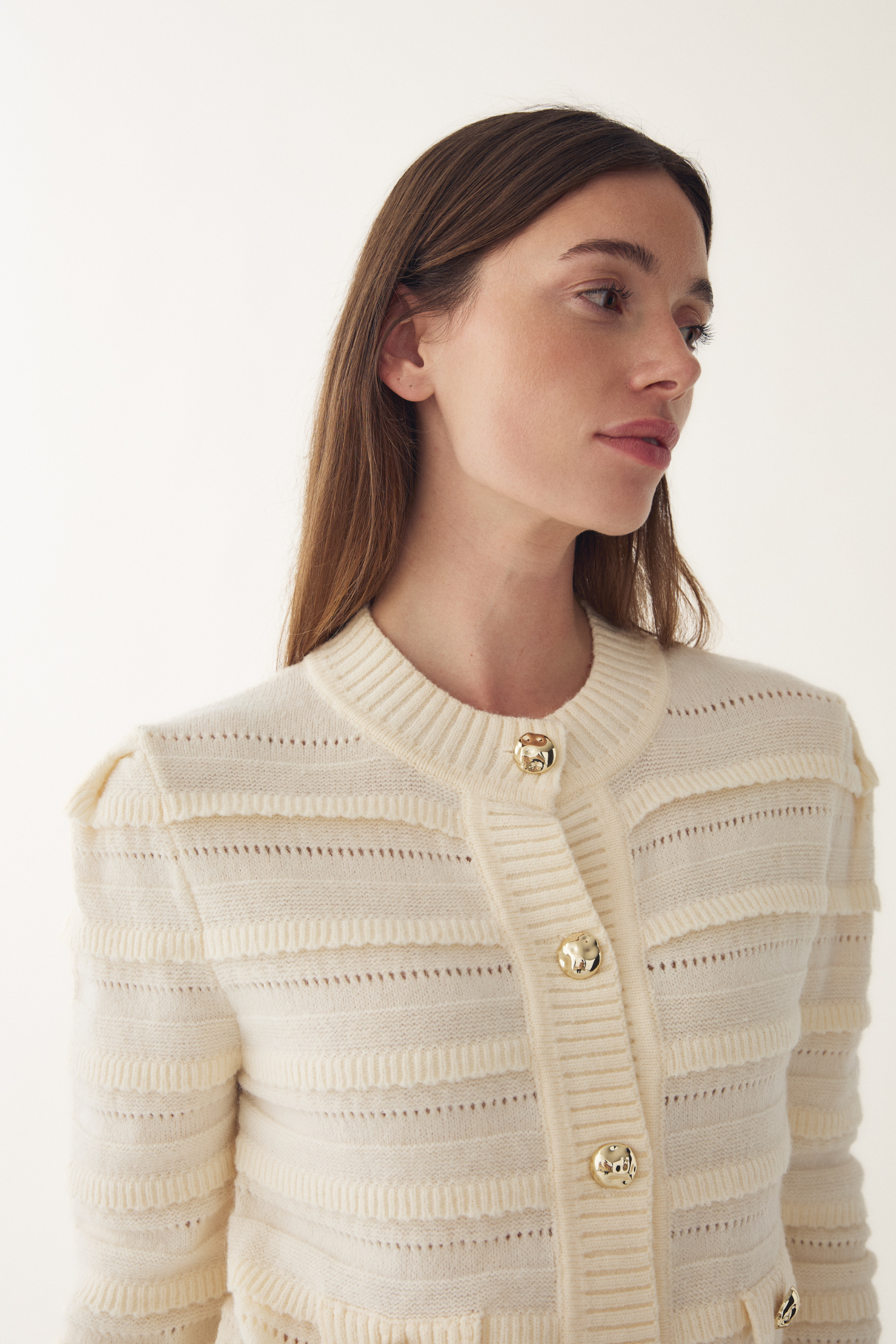 Dotique Noella 15040001 N-Maddison Knit Cardigan in ivory with textured knit and silver buttons