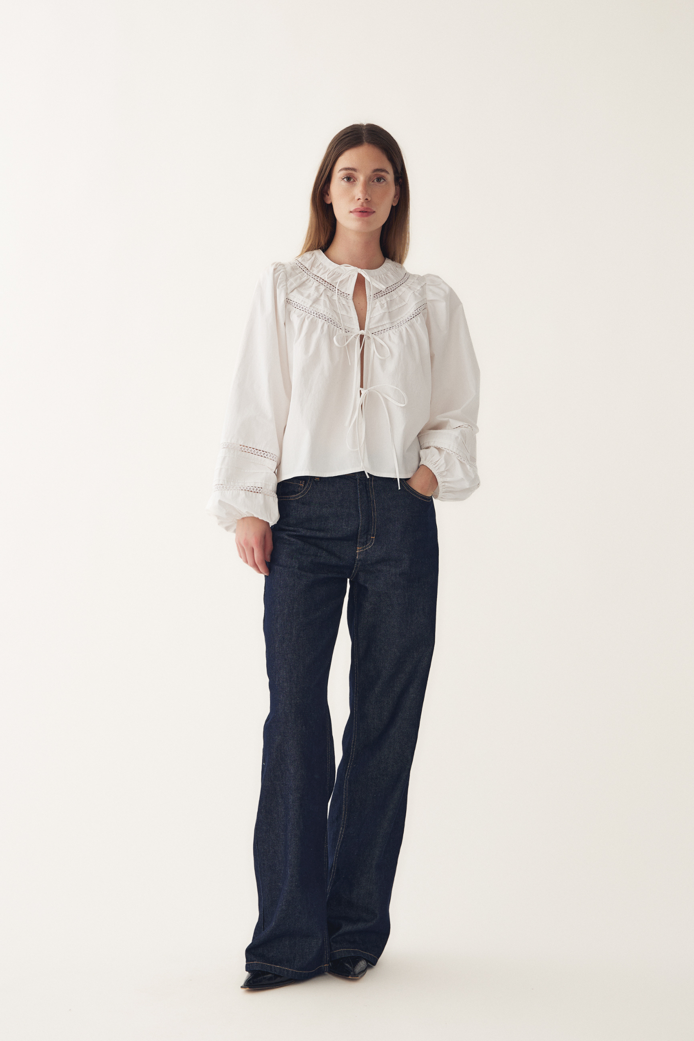 Noella 15050001 N-Marceline Blouse White cotton tie front blouse with balloon sleeves at Dotique