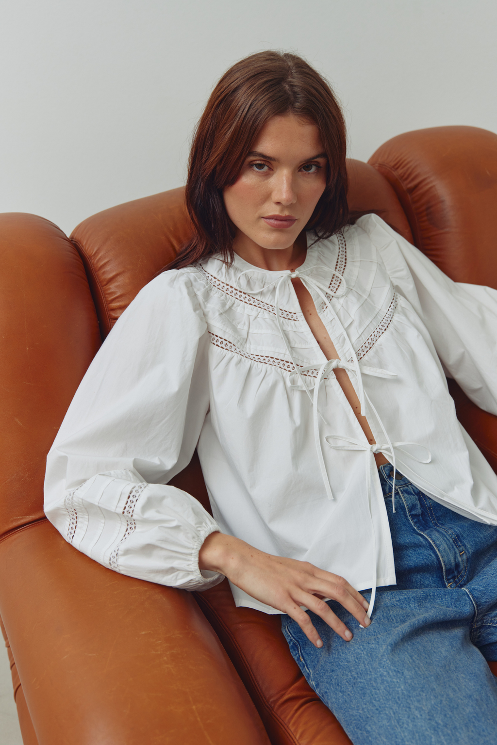 Noella 15050001 N-Marceline Blouse White cotton tie front blouse with balloon sleeves at Dotique