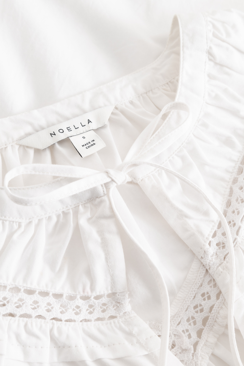 Noella 15050001 N-Marceline Blouse White cotton tie front blouse with balloon sleeves at Dotique