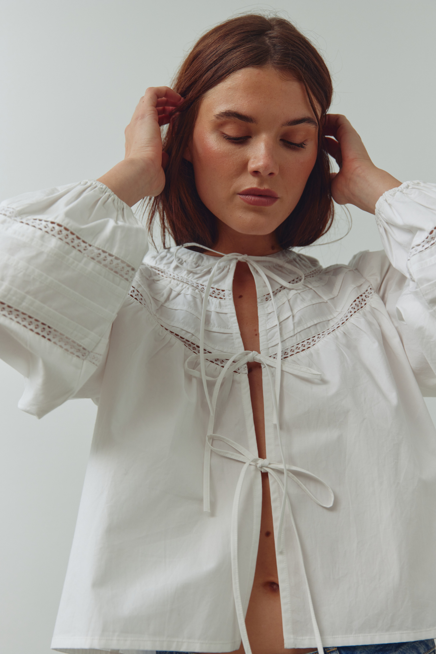 Noella 15050001 N-Marceline Blouse White cotton tie front blouse with balloon sleeves at Dotique