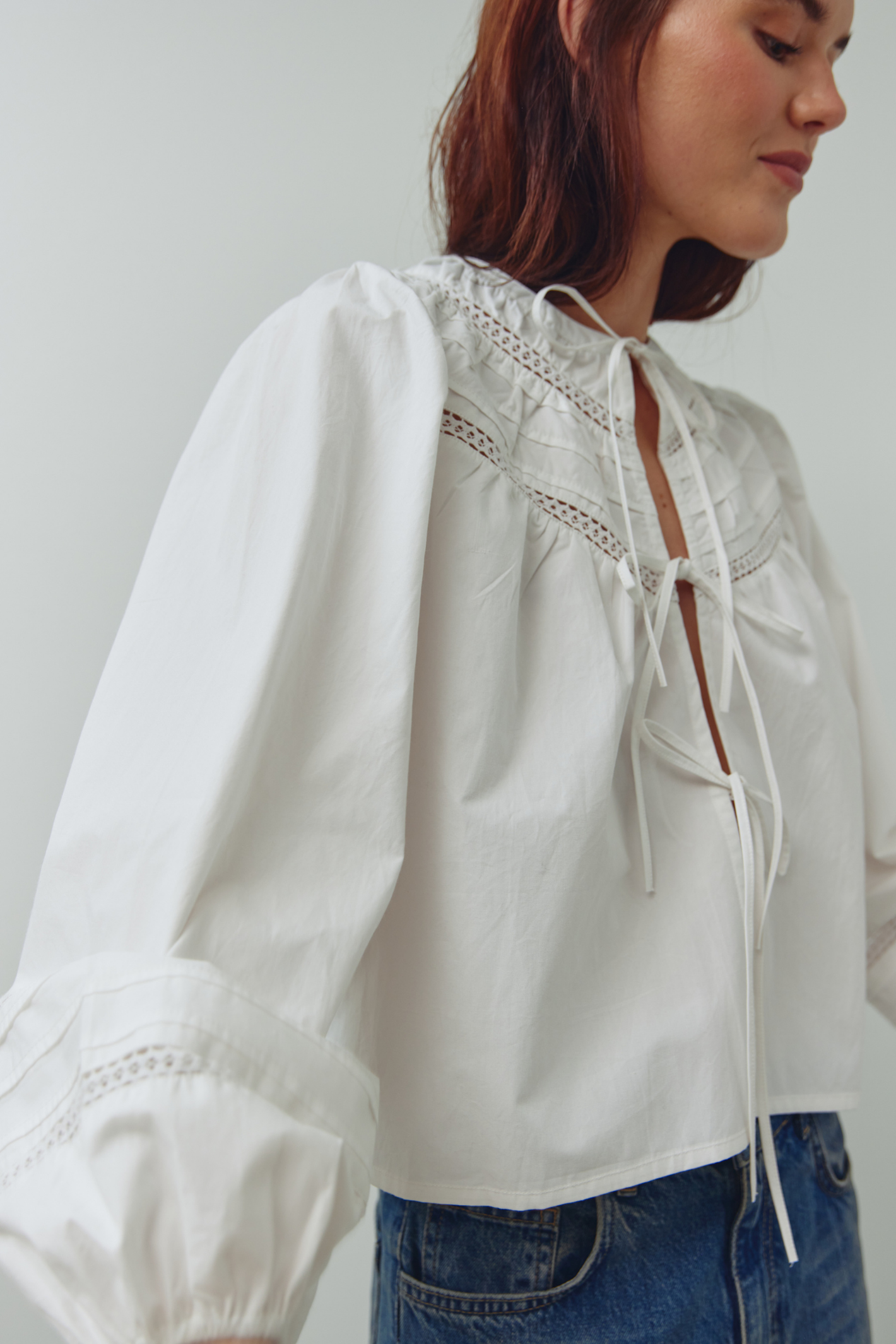 Noella 15050001 N-Marceline Blouse White cotton tie front blouse with balloon sleeves at Dotique
