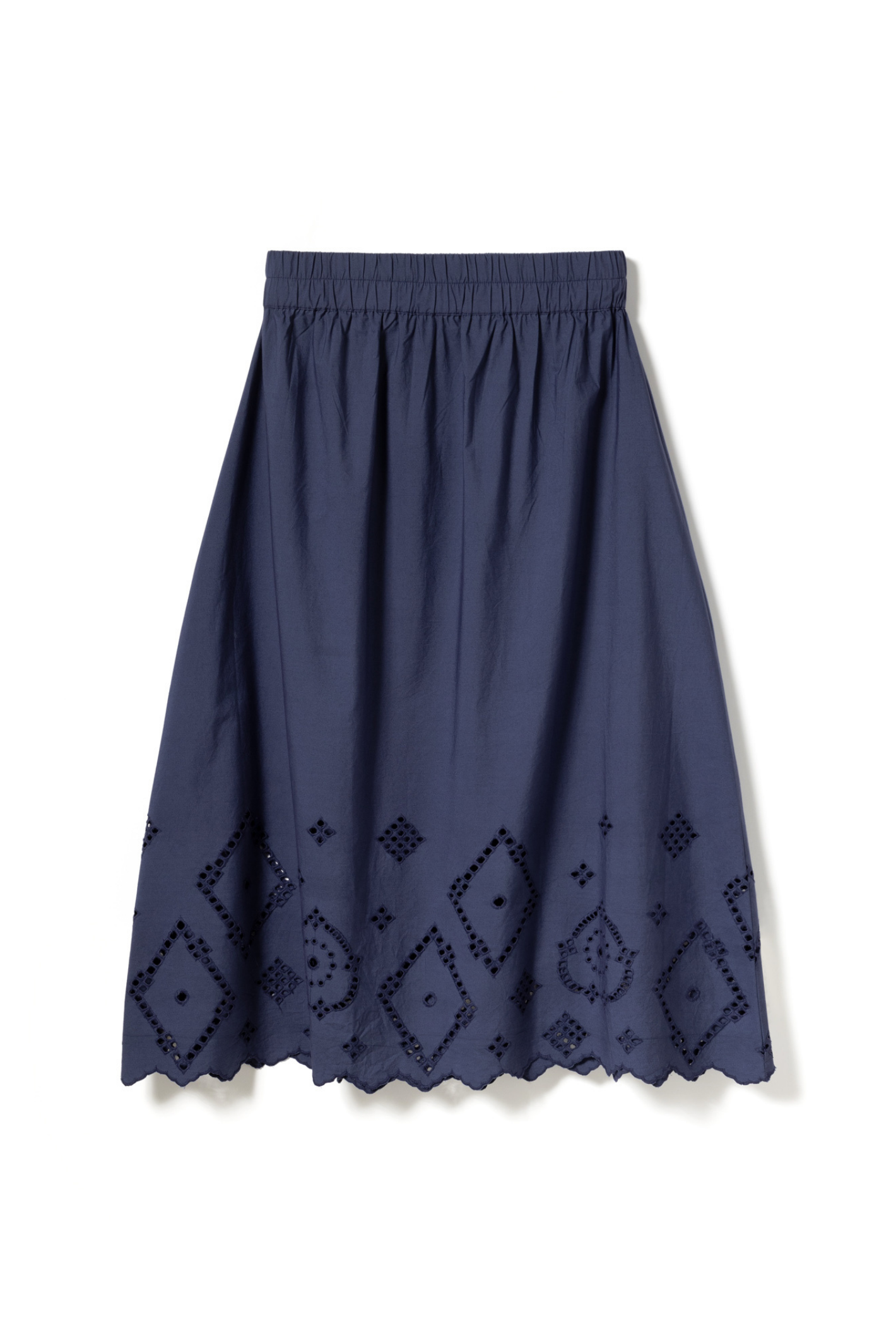 Noella dusty blue cotton skirt with elastic waistband and broderie anglaise hem