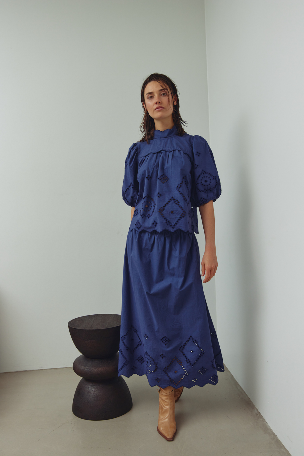 Noella dusty blue cotton skirt with elastic waistband and broderie anglaise hem