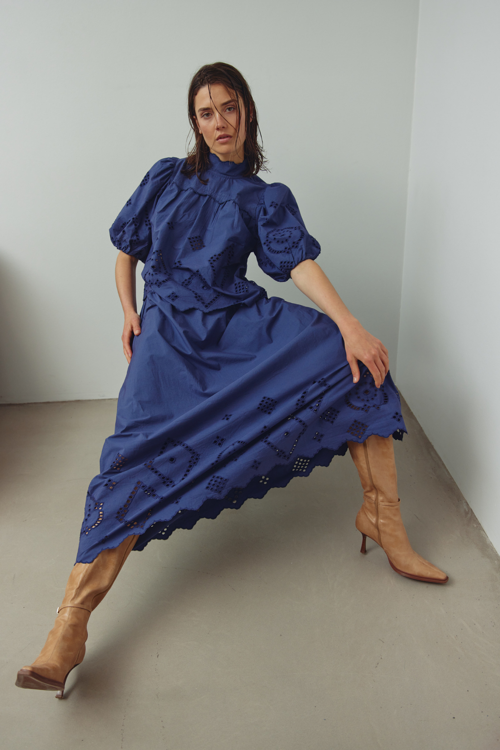 Noella dusty blue cotton skirt with elastic waistband and broderie anglaise hem