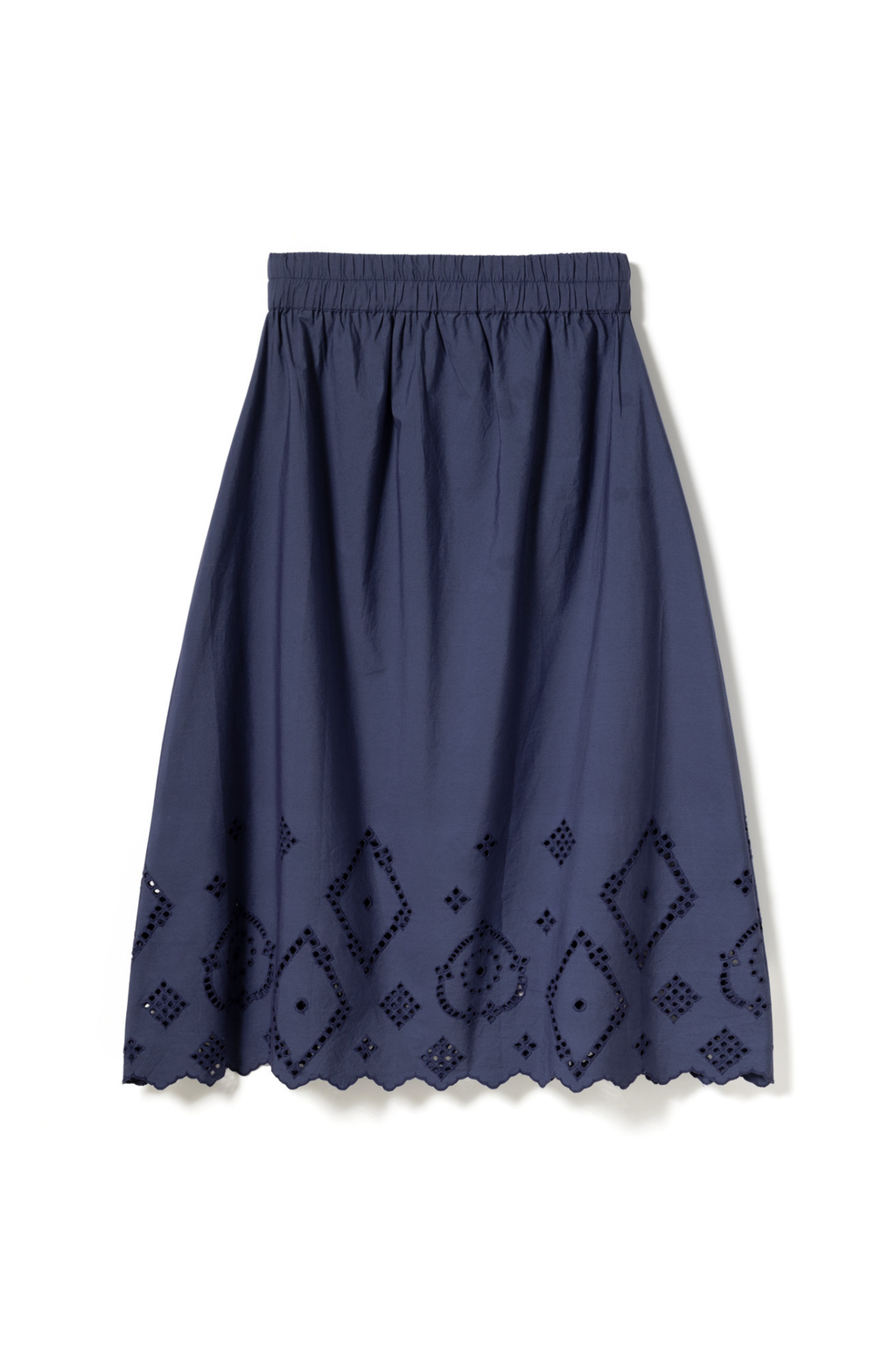 Noella dusty blue cotton skirt with elastic waistband and broderie anglaise hem