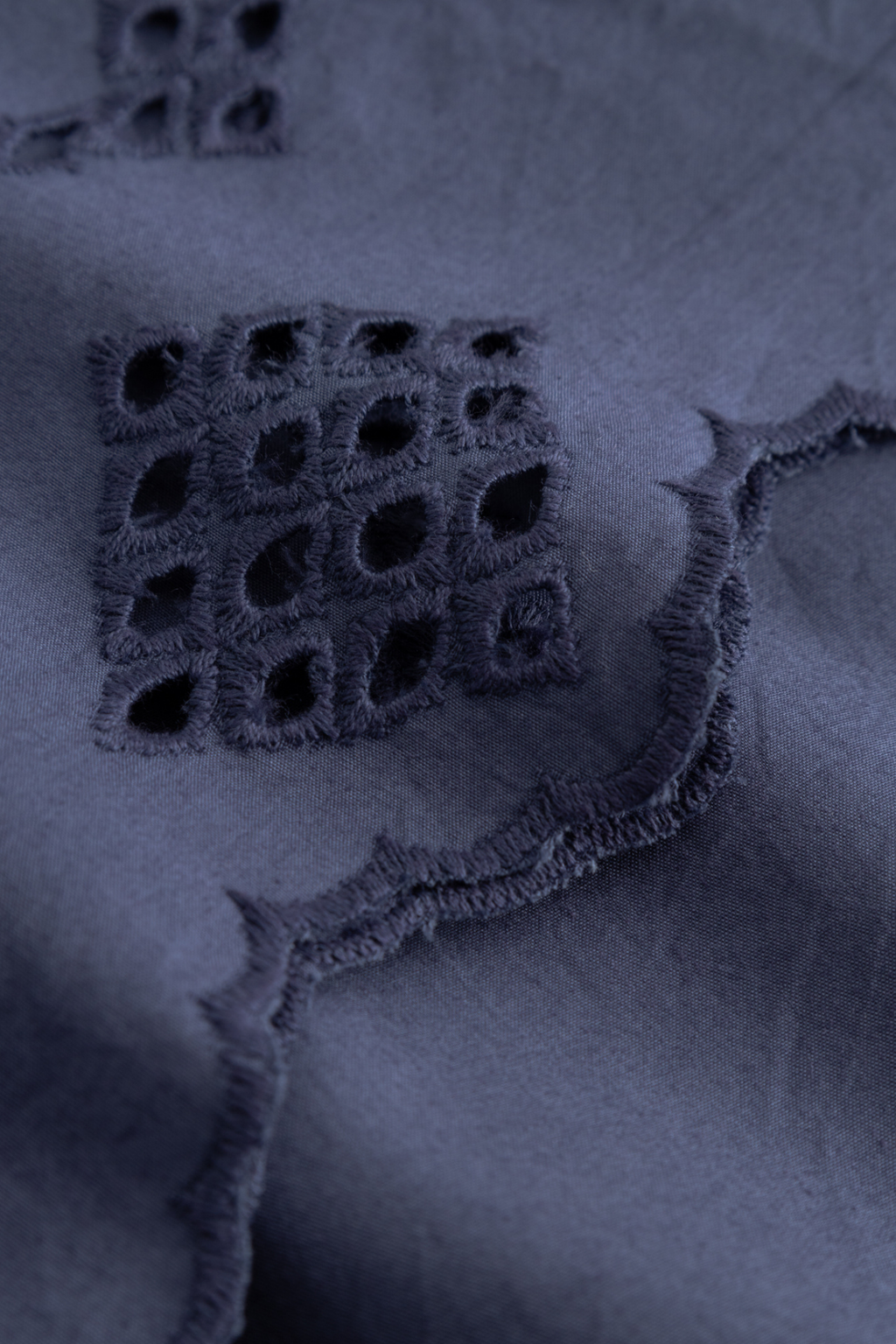 Noella dusty blue cotton skirt with elastic waistband and broderie anglaise hem