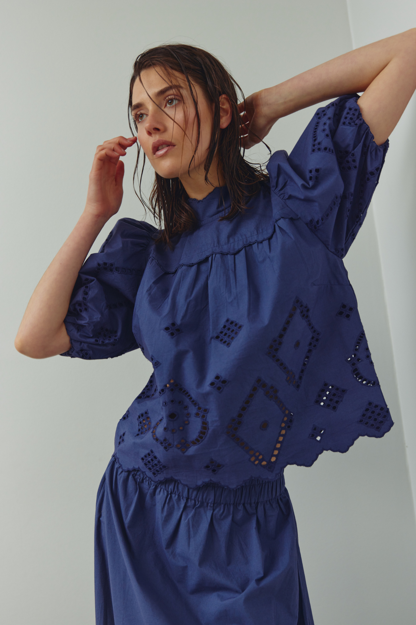 Noella dusty blue cotton skirt with elastic waistband and broderie anglaise hem