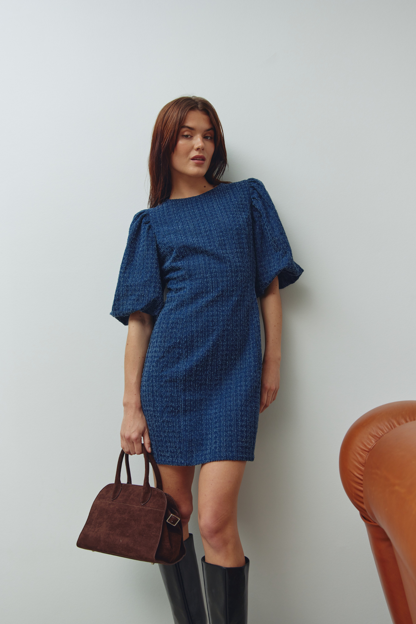 Noella N-Michaela Dress 15290001 in dark blue wash with puff sleeves – Dotique