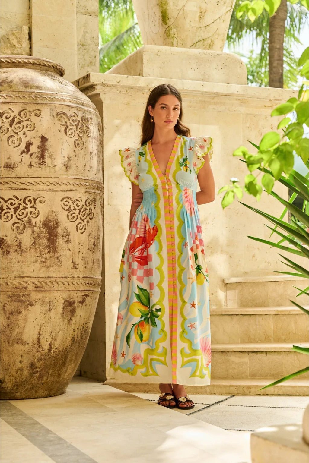 Model wearing NOIB Estella Maxi Dress - Summer Zest by Noib with colorful summer print, shop Noib at Dotique