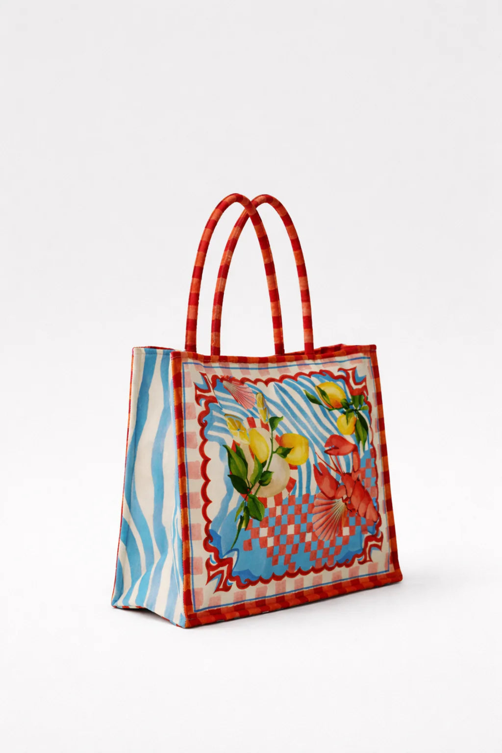 NOIB Summer Zest Canvas Large Tote Bag by Noib features vibrant floral and sea motifs, shop Noib at Dotique