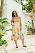 Model wearing NOIB Nora Midi Azure Print Viscose Linen Dress by Noib featuring vibrant celestial and floral motifs, shop Noib at Dotique