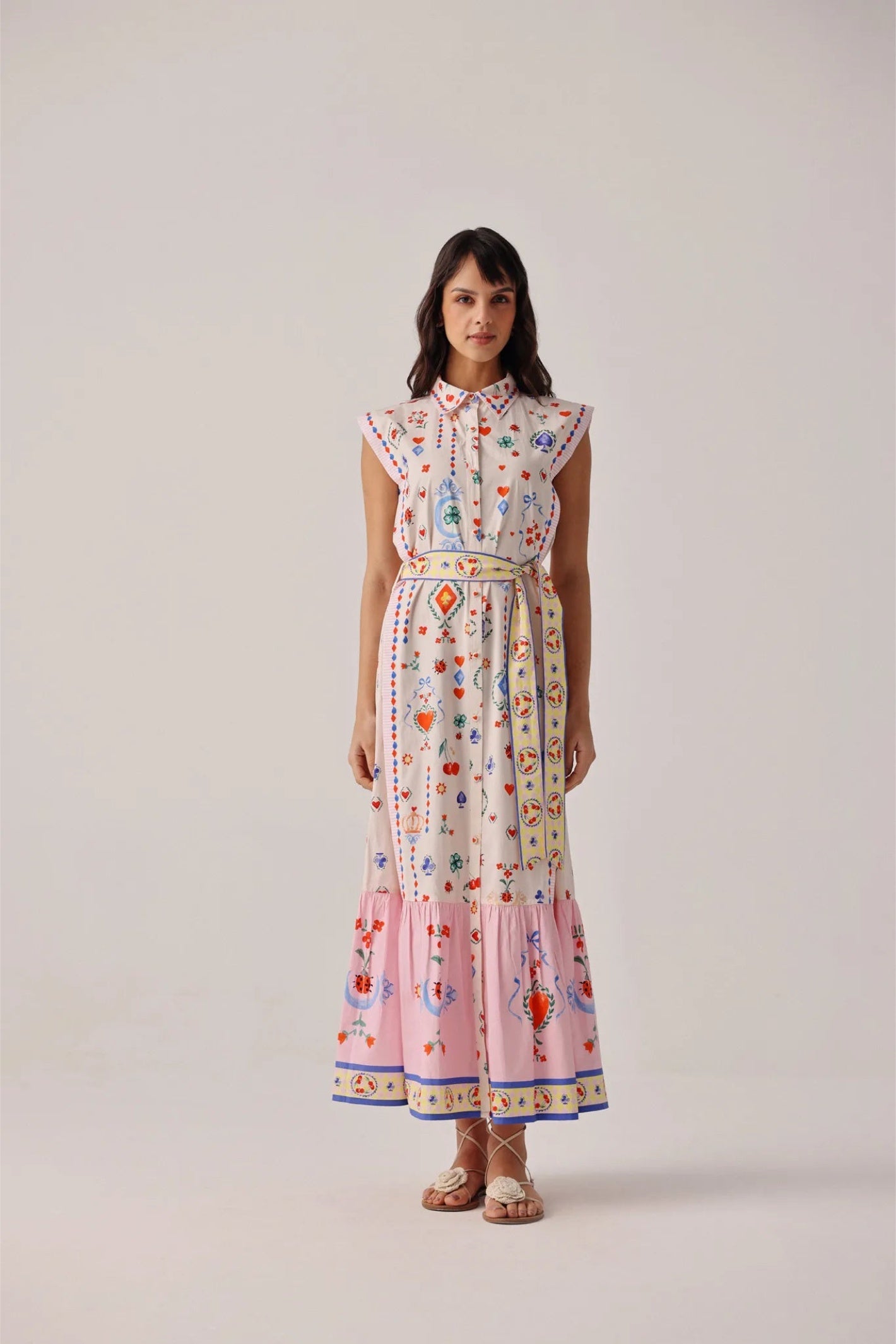 Model wearing NOIB Vega Maxi Tarot Dress by Noib with colorful tarot-inspired print, shop Noib at Dotique