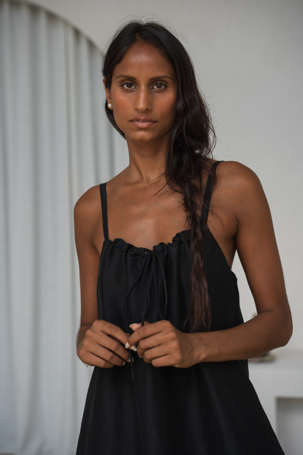 Model wearing Lilly Pilly LP-D004 Nova Linen Silk Dress Black by Lilly Pilly, shop Lilly Pilly at Dotique.