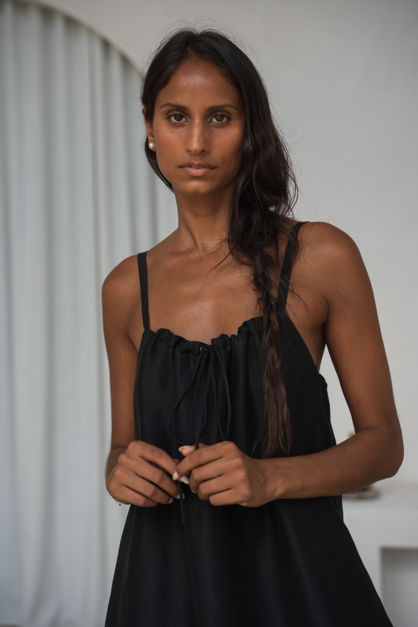 Model wearing Lilly Pilly LP-D004 Nova Linen Silk Dress Black by Lilly Pilly, shop Lilly Pilly at Dotique.