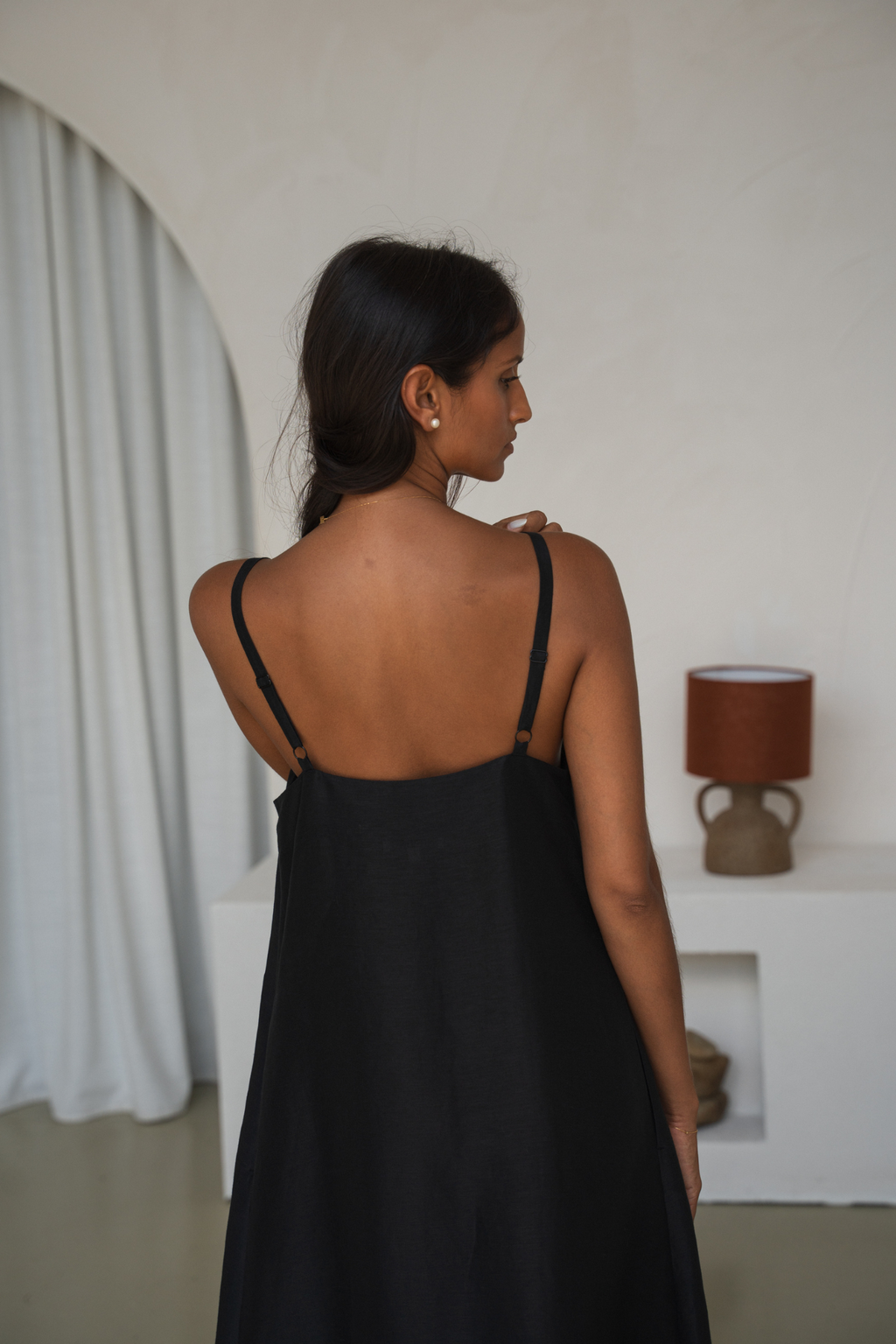 Woman wearing Lilly Pilly LP-D004 Nova Linen Silk Dress Black by Lilly Pilly, Shop Lilly Pilly at Dotique online.