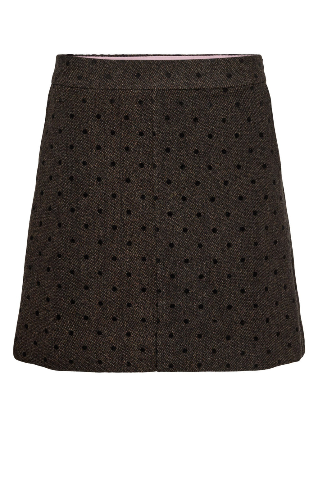 Shop the Nümph NUAMIA Skirt in Black Coffee at Dotique. A chocolate brown A-line mini skirt with black polka dots and a wool blend finish.