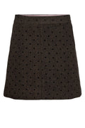 Shop the Nümph NUAMIA Skirt in Black Coffee at Dotique. A chocolate brown A-line mini skirt with black polka dots and a wool blend finish.